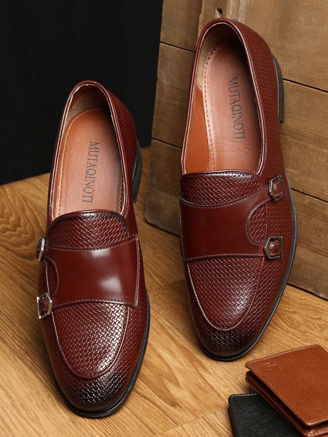 

MUTAQINOTI Men Maroon Solid Formal Monk Shoes