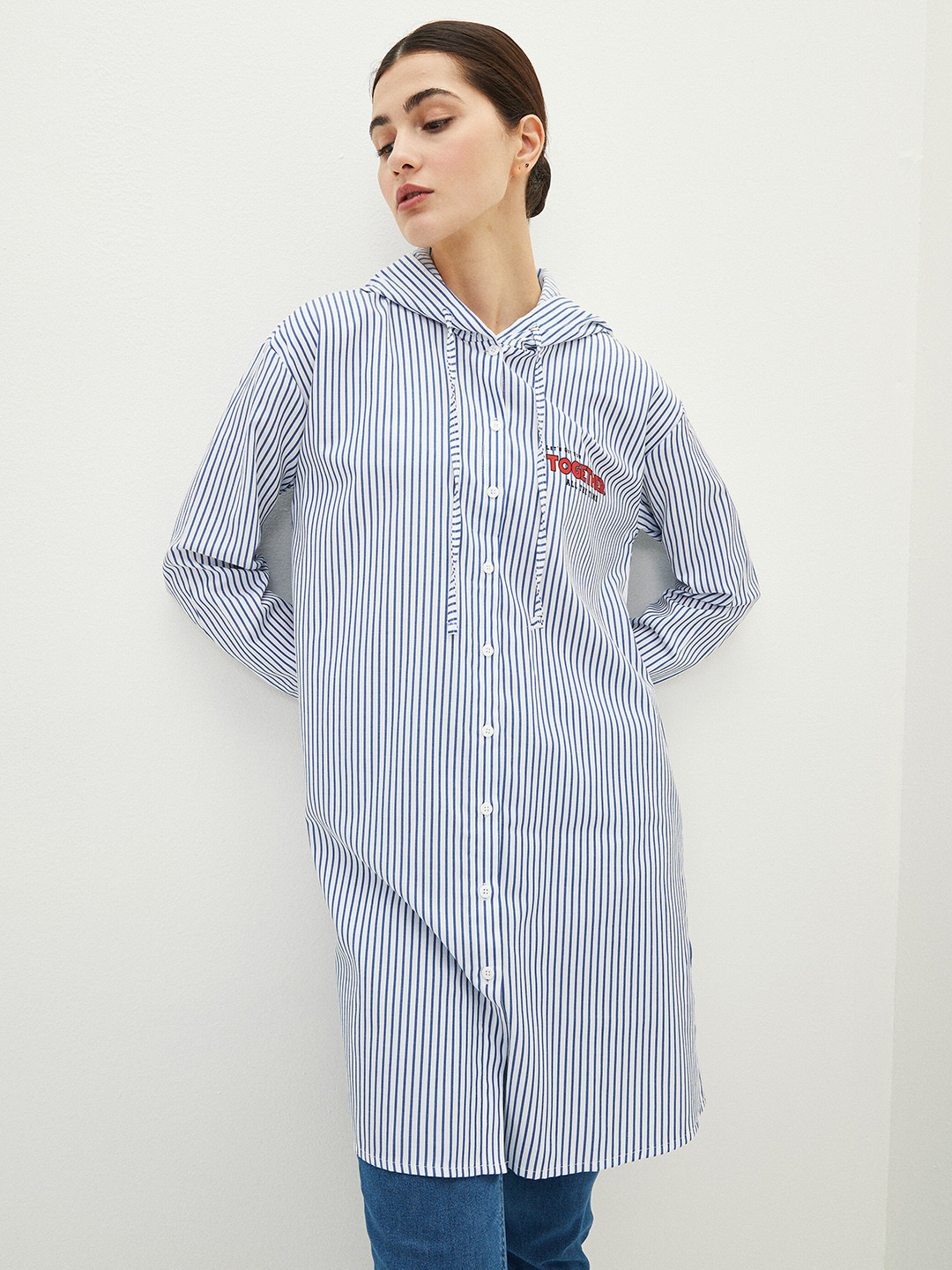 

LC Waikiki Women Navy Blue & White Striped Casual Longline Shirt