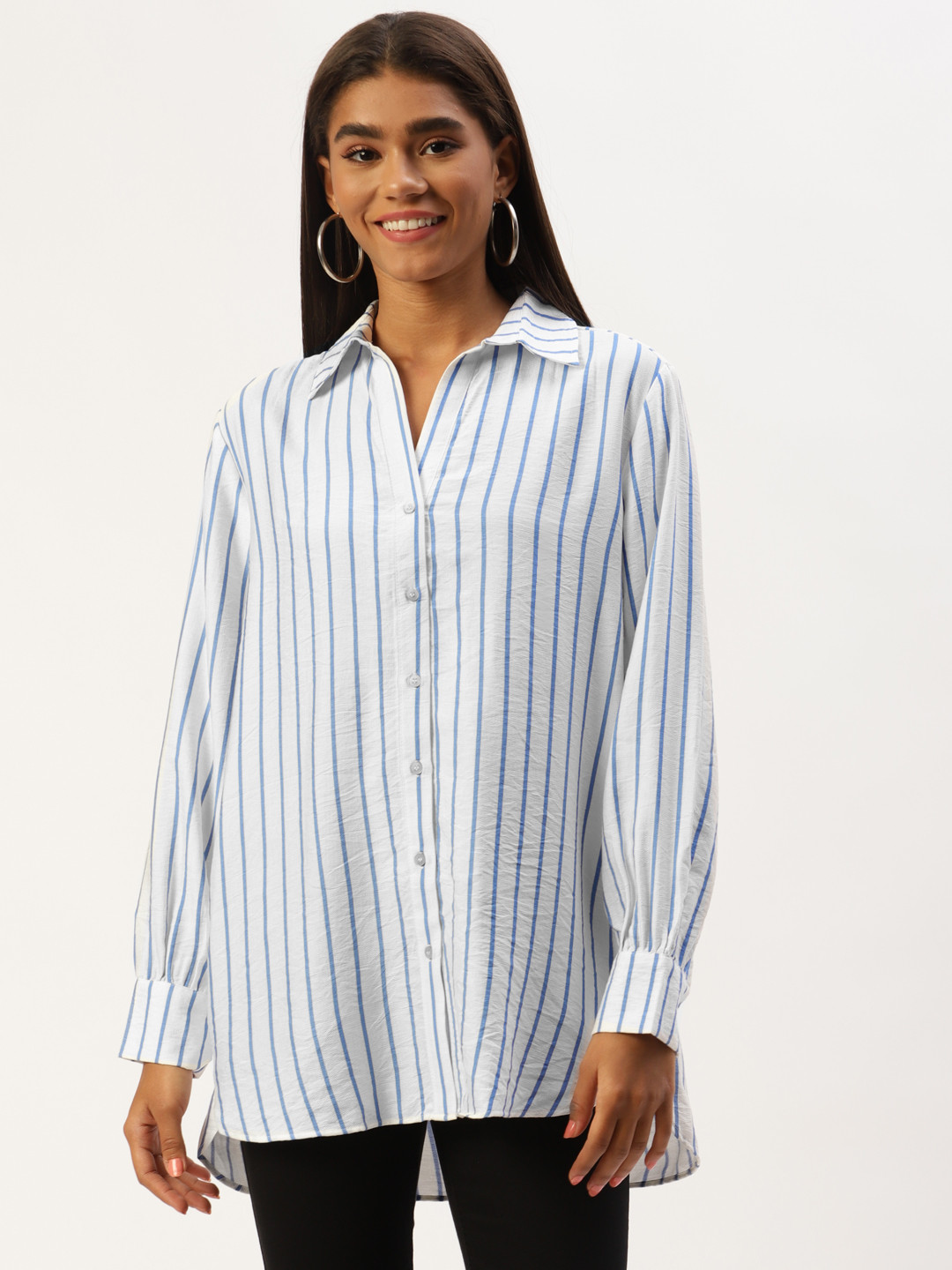 

LC Waikiki Women White & Blue Striped High-Low Casual Shirt