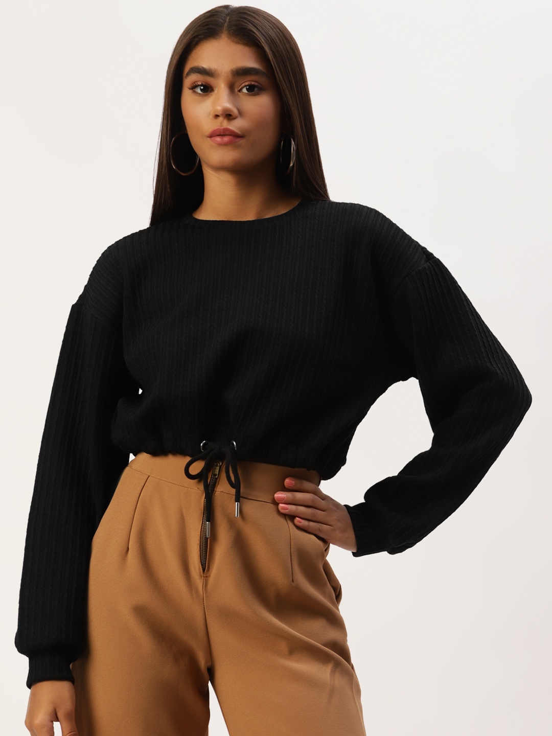 

LC Waikiki Black Ribbed Waist Tie-Up Detail Blouson Top