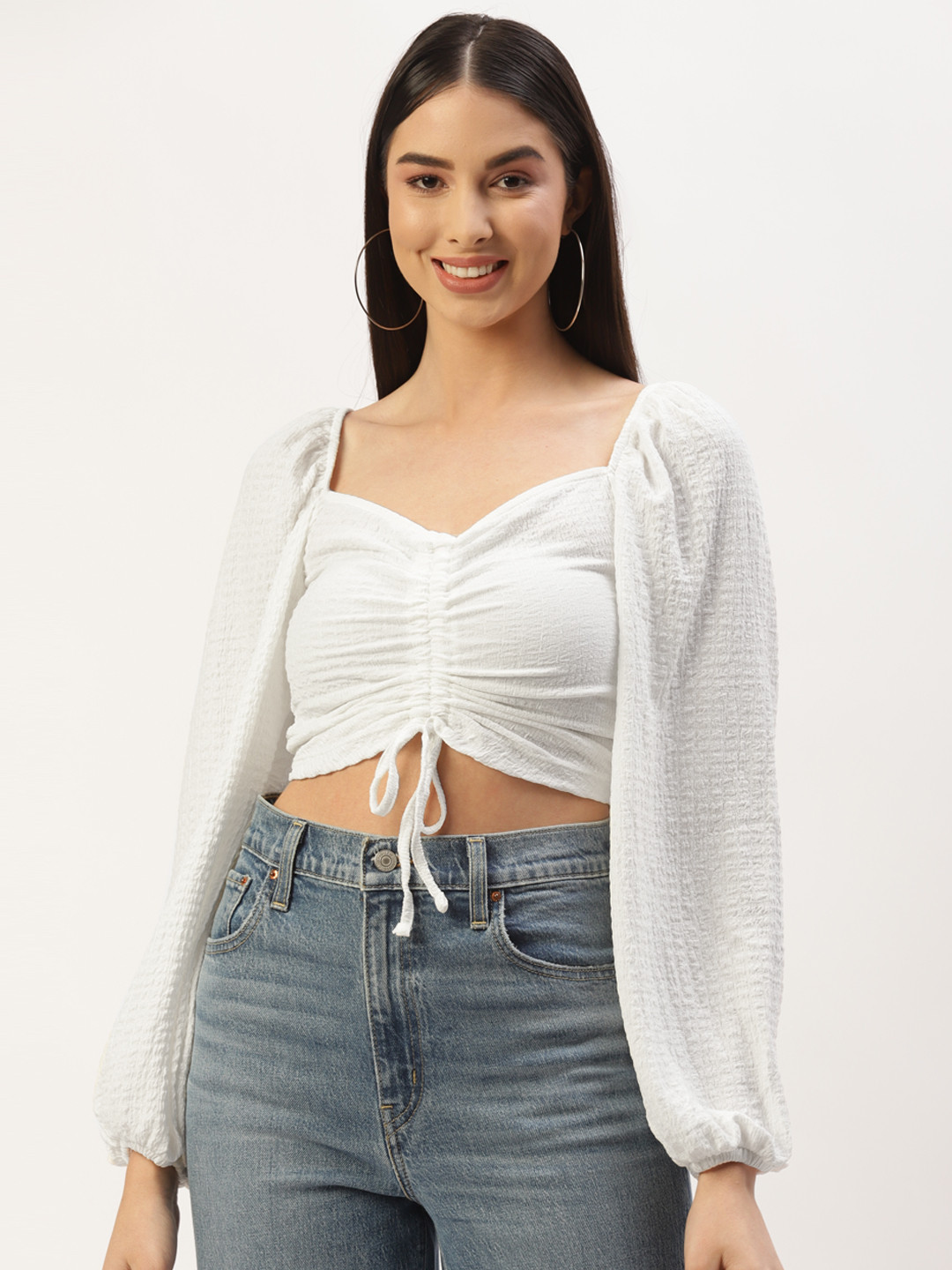 

LC Waikiki White Sweetheart Neck Ruched Crop Top