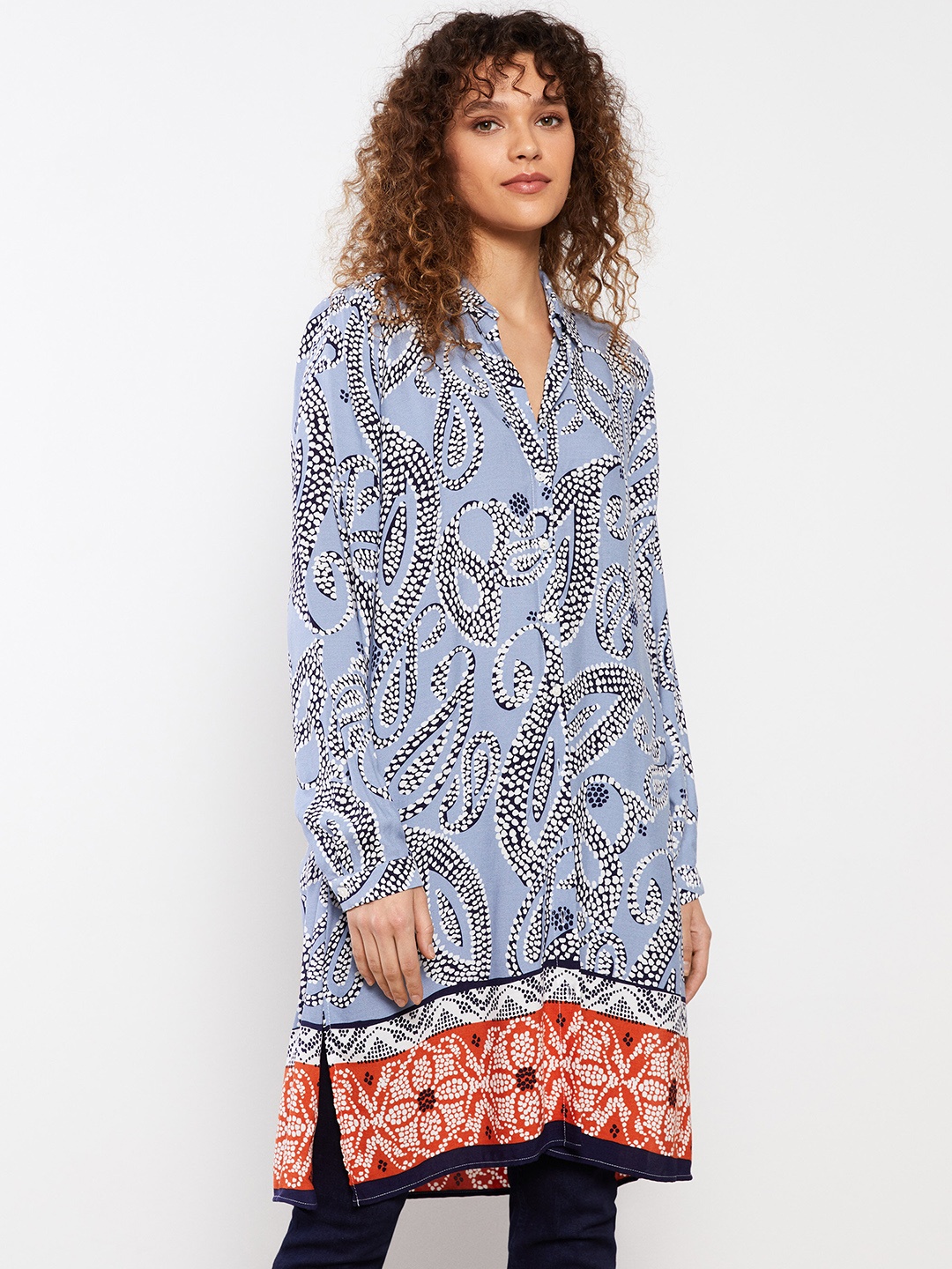 

LC Waikiki Women Blue & White Printed Longline Shirt Tunic