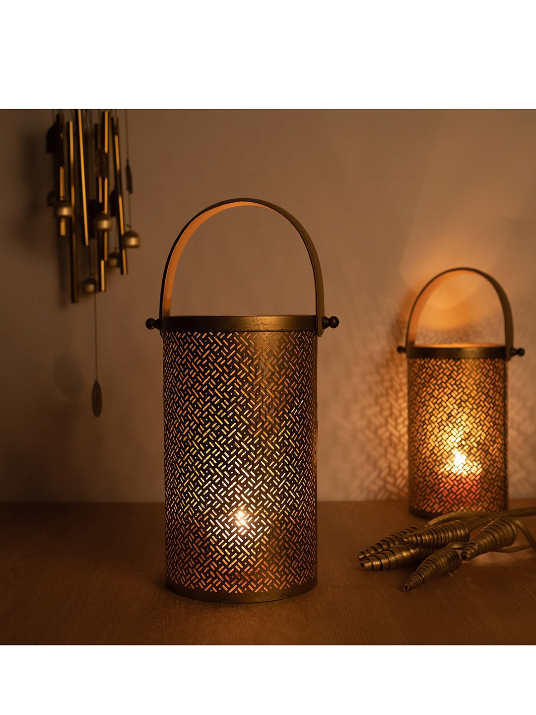 

HomeTown Set Of 2 Gold-Toned Floor Lantern Candle Holders