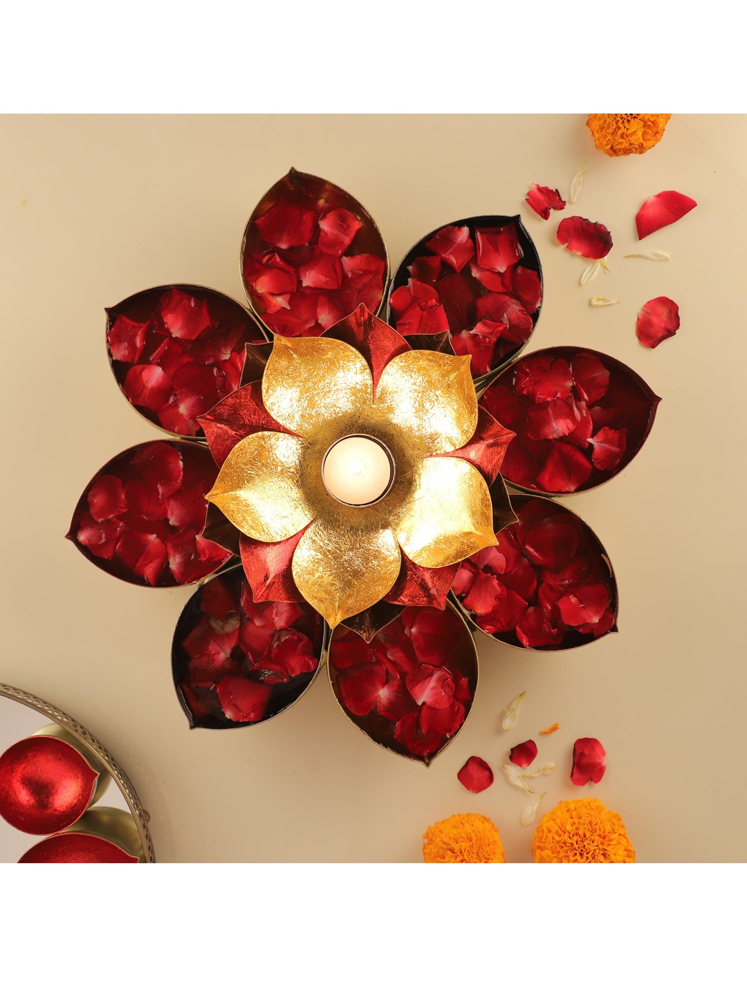 

HomeTown Gold-Toned & Red Textured Aruba Iron Lotus Tealight Candle Holder