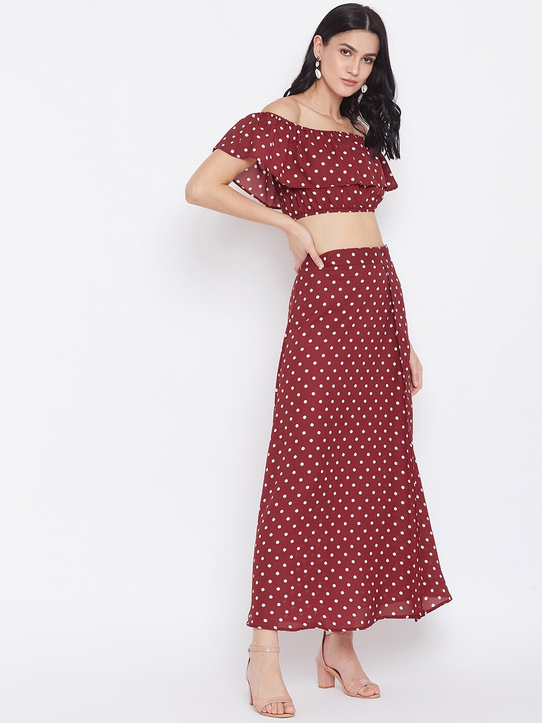 

Berrylush Red Polka Dots Print Off Shoulder Co-ords Set