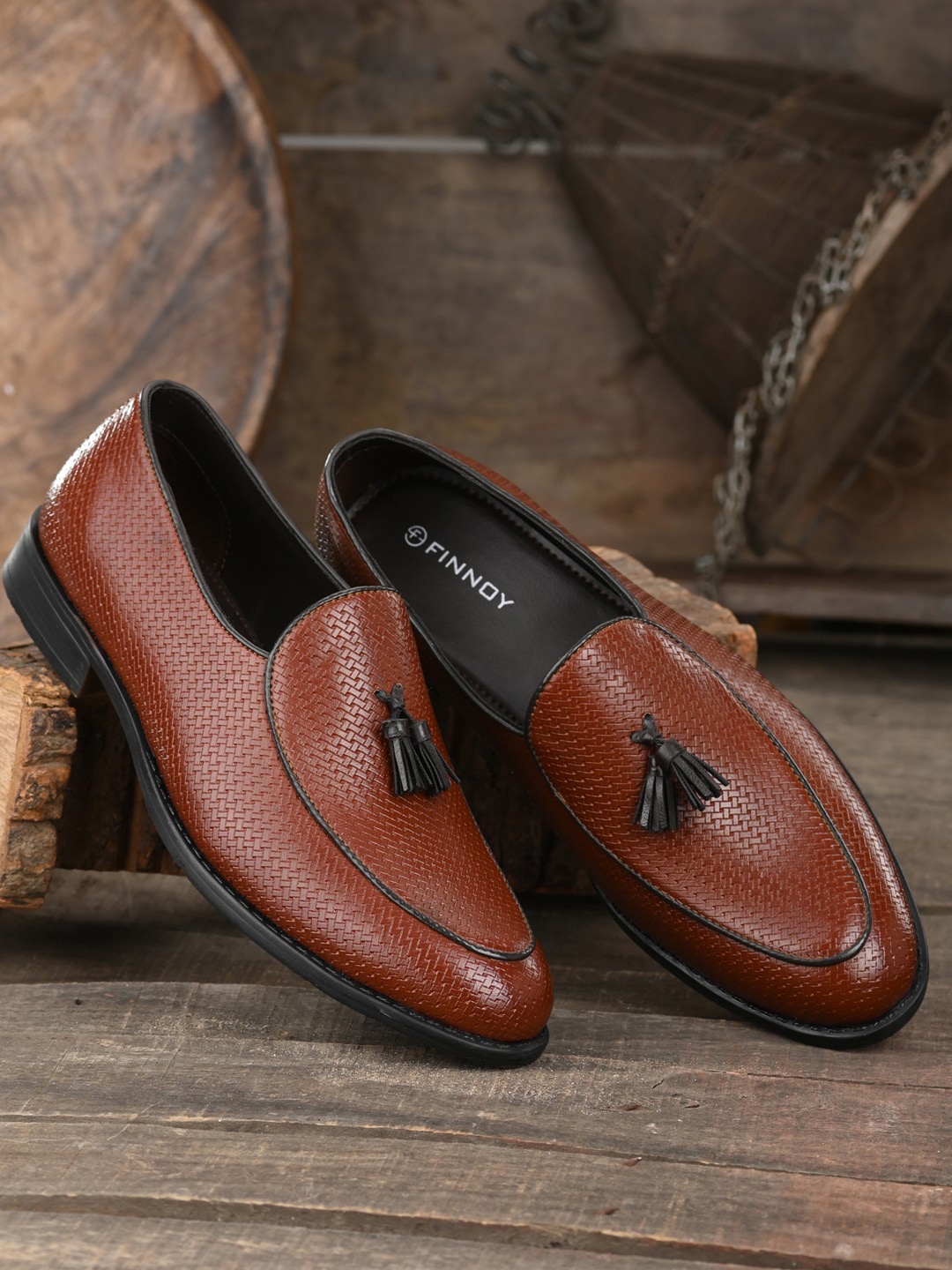 

FINNOY Men Tan Colored Textured Slip On Formal Shoes