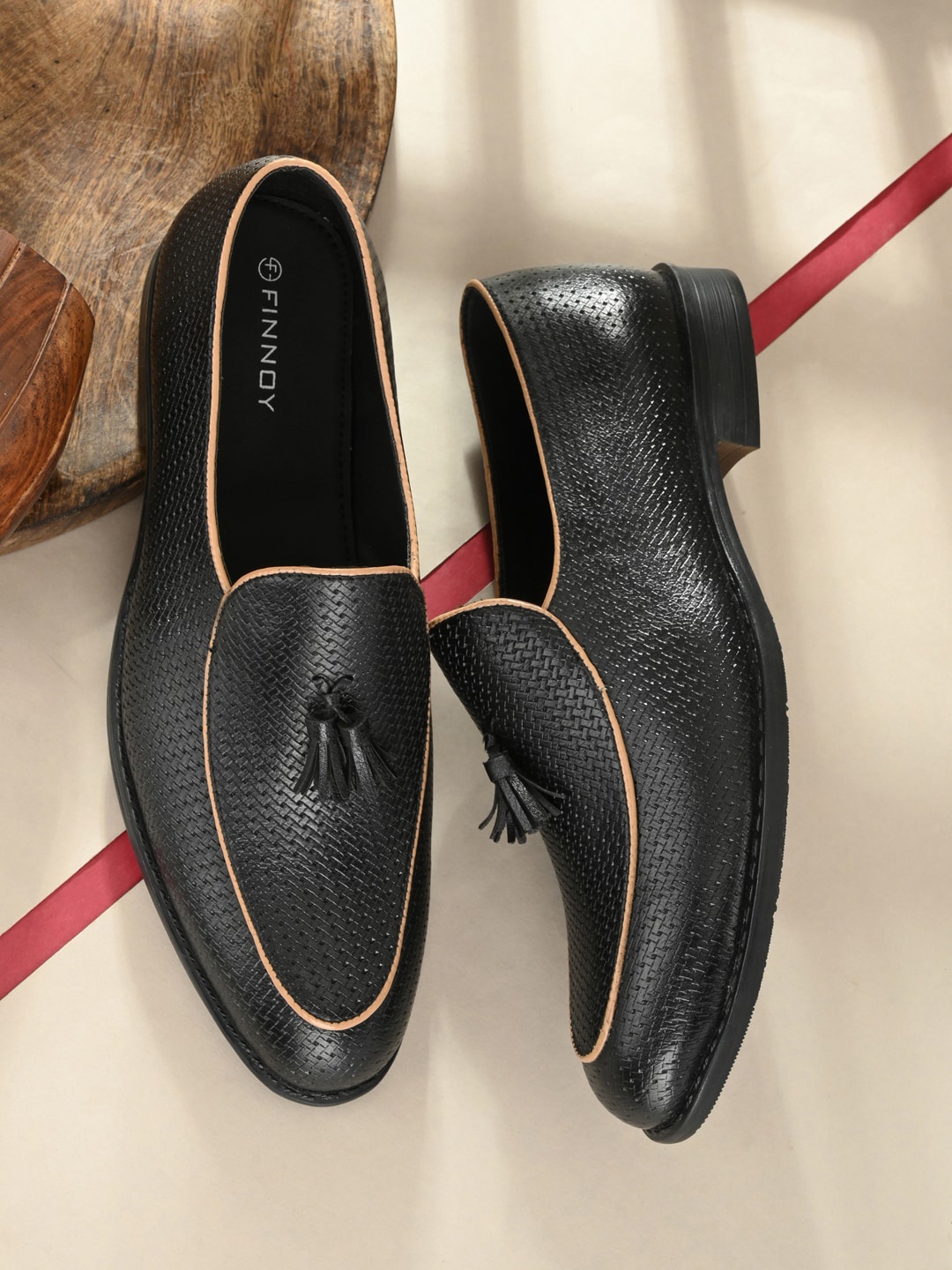 

FINNOY Men Black Textured Leather Formal Slip-Ons
