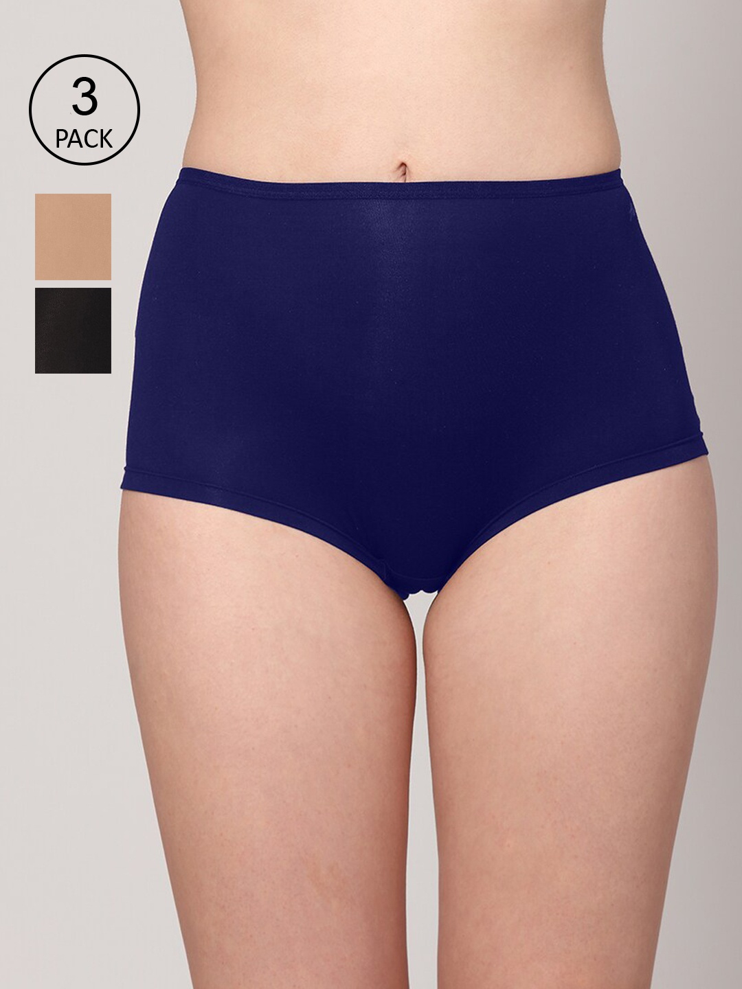 

AshleyandAlvis Women Pack Of 3 Solid Black Navy Blue and Beige Anti-Bacterial Boy shorts