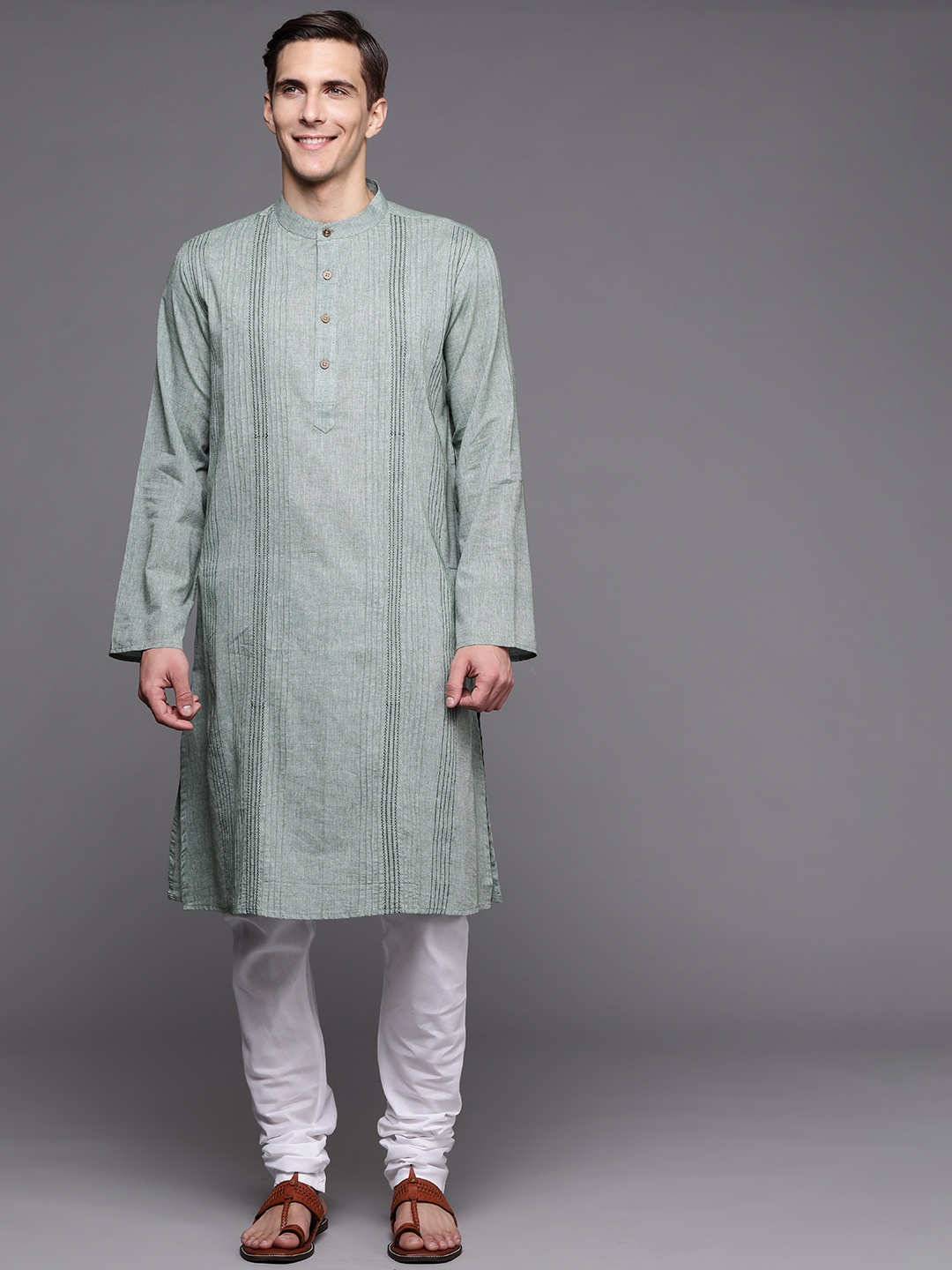 

Fabindia Men Green Embroidered Striped Band Collar Pure Cotton Kurta