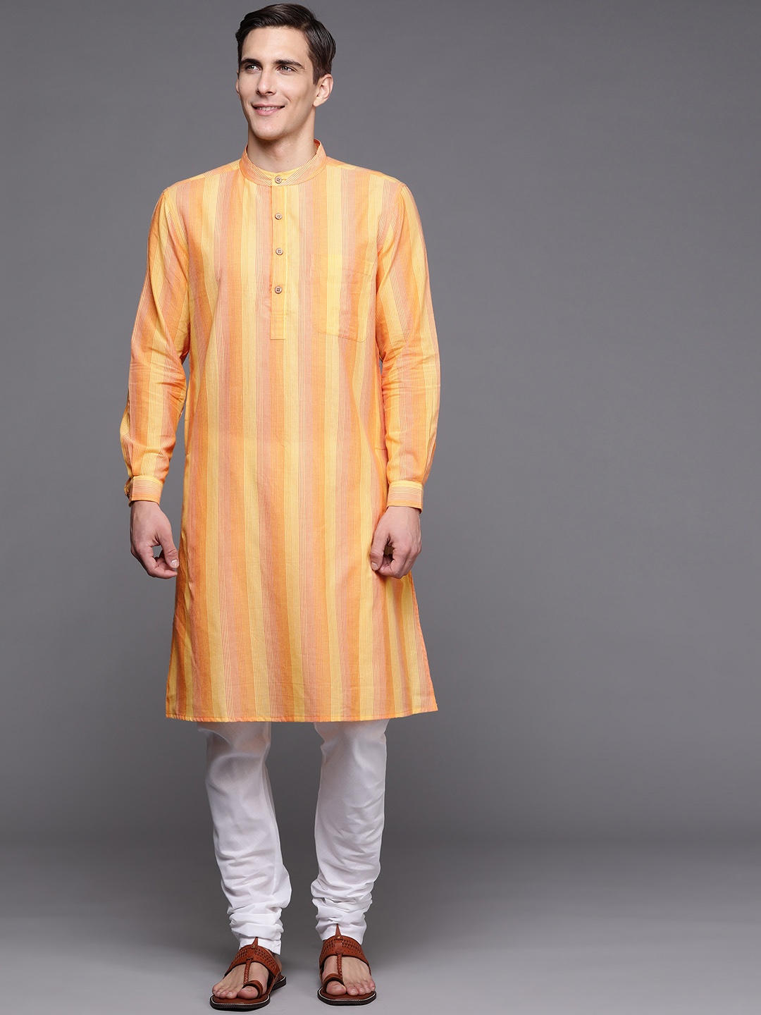 

Fabindia Men Yellow & Red Striped Band Collar Pure Cotton Kurta