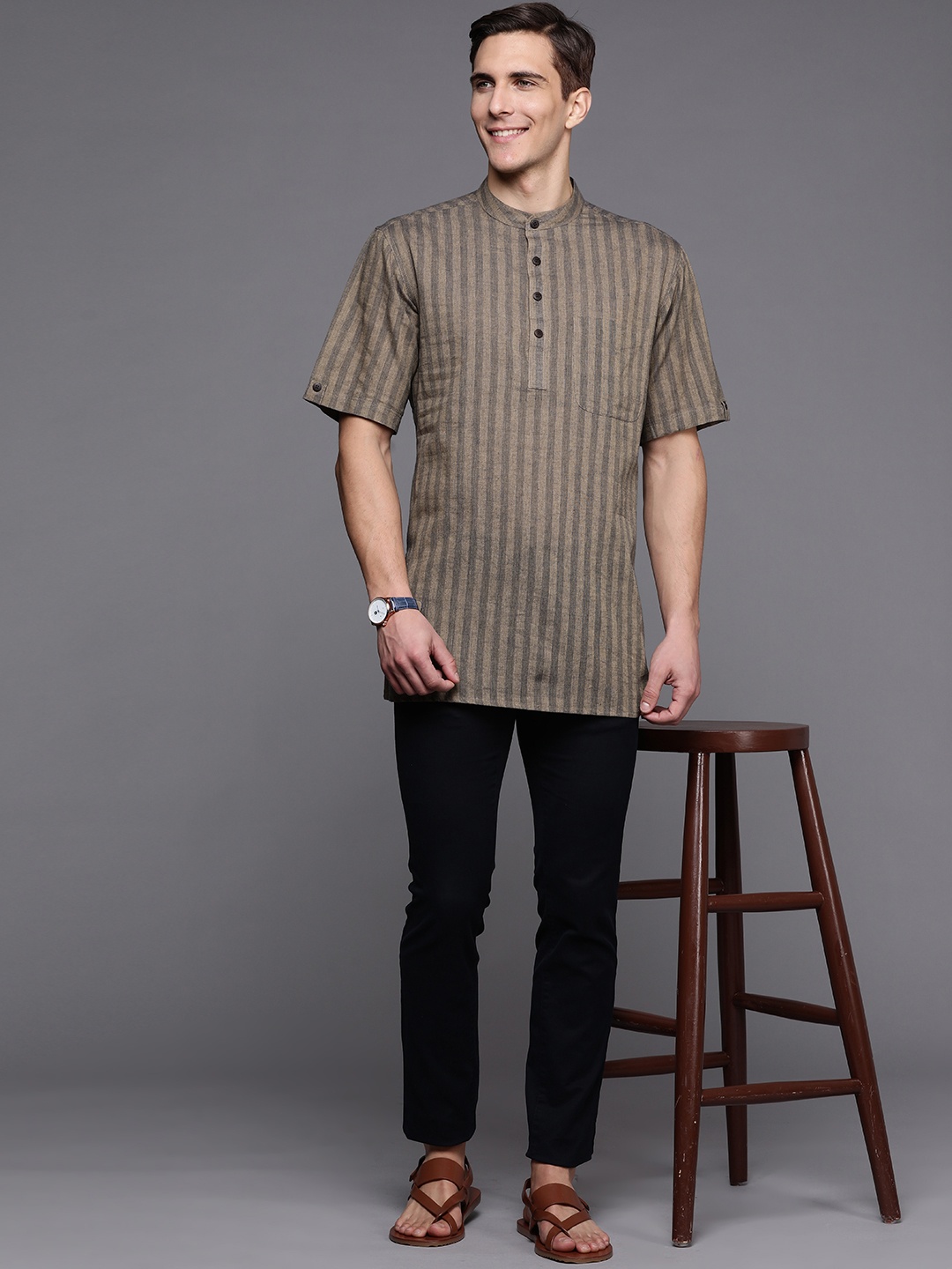 

Fabindia Men Beige & Grey Striped Pure Cotton Kurta