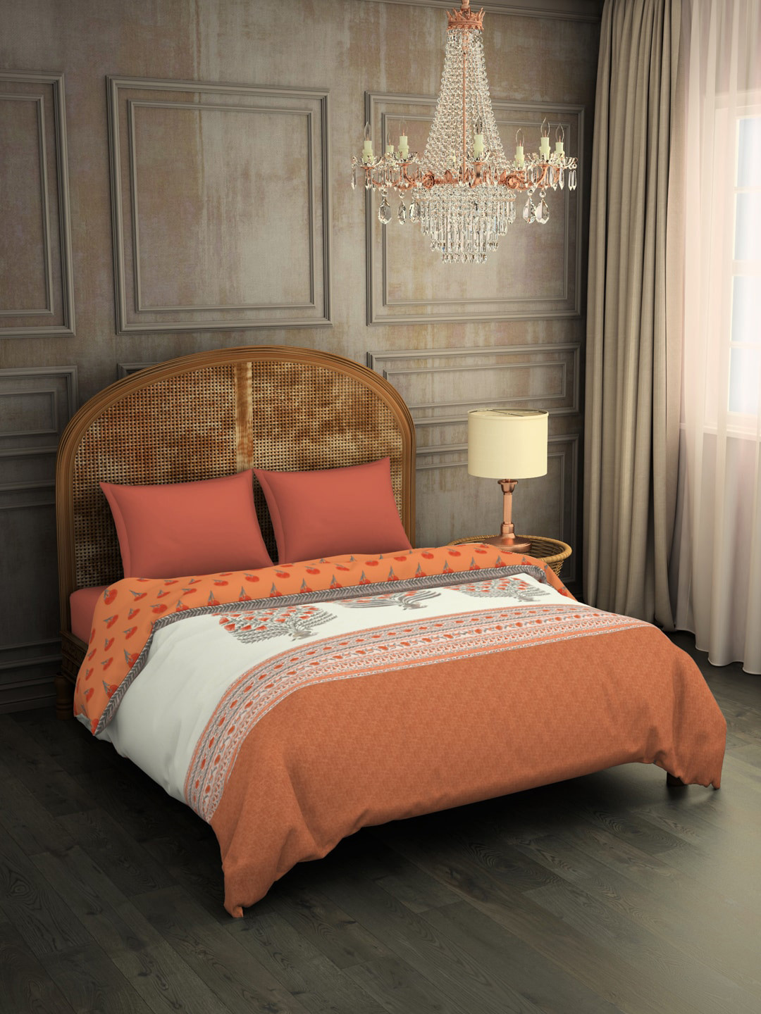 

SPACES Orange & Cream-Coloured Floral AC Room 150 GSM Double Bed Quilt