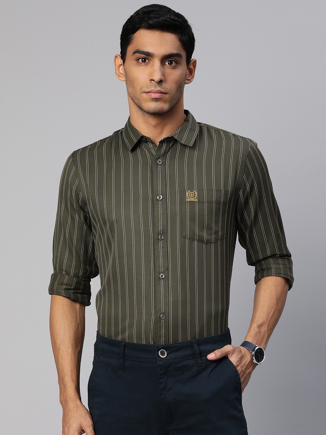 

Provogue Men Olive Green Slim Fit Striped Shirt