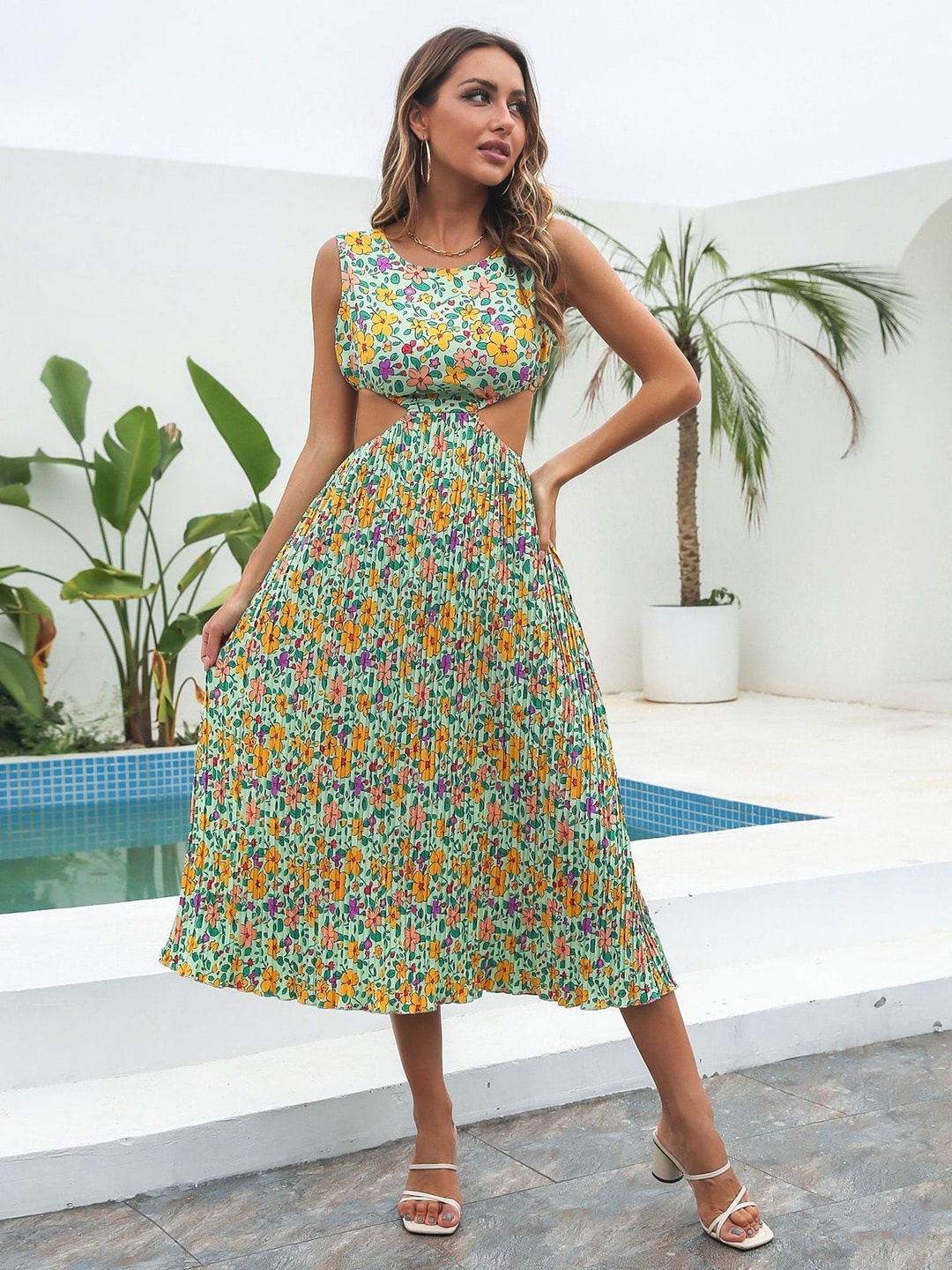 

StyleCast Green Floral Printed A-Line Dress