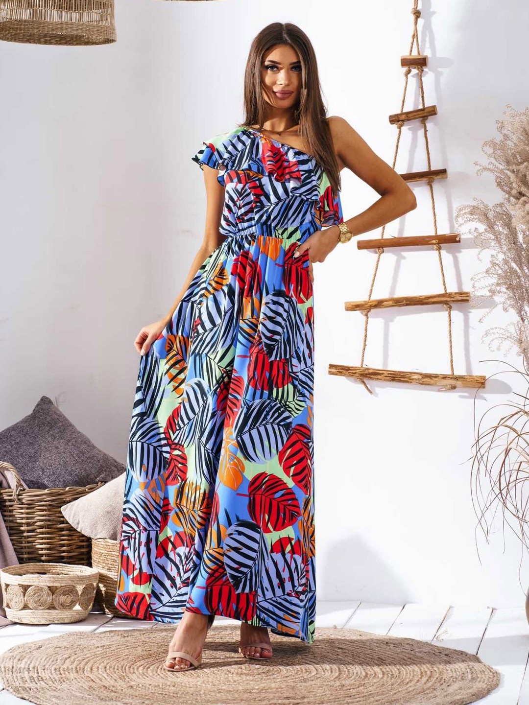 

BoStreet Women Blue & Red Tropical One Shoulder Maxi Dress