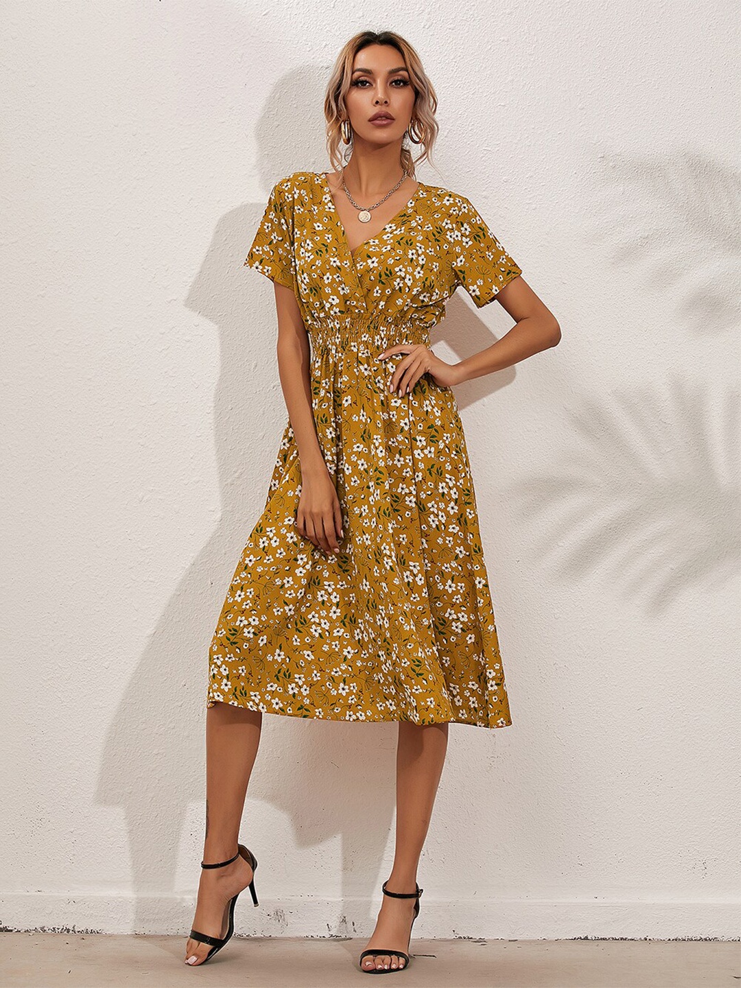 

BoStreet Yellow & White Floral Fit and Flare Dress