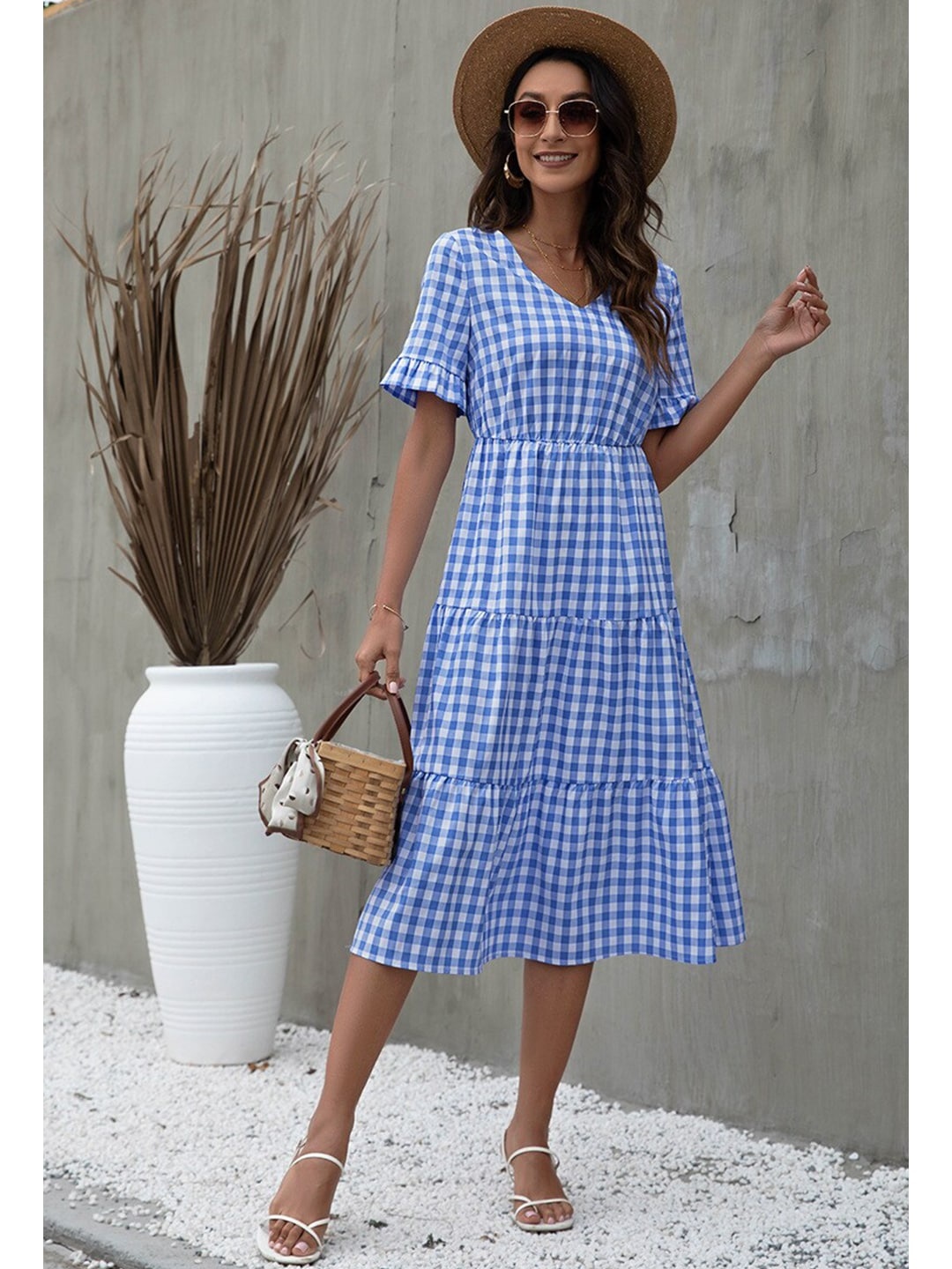 

BoStreet Blue Fit and Flare Checked Dress