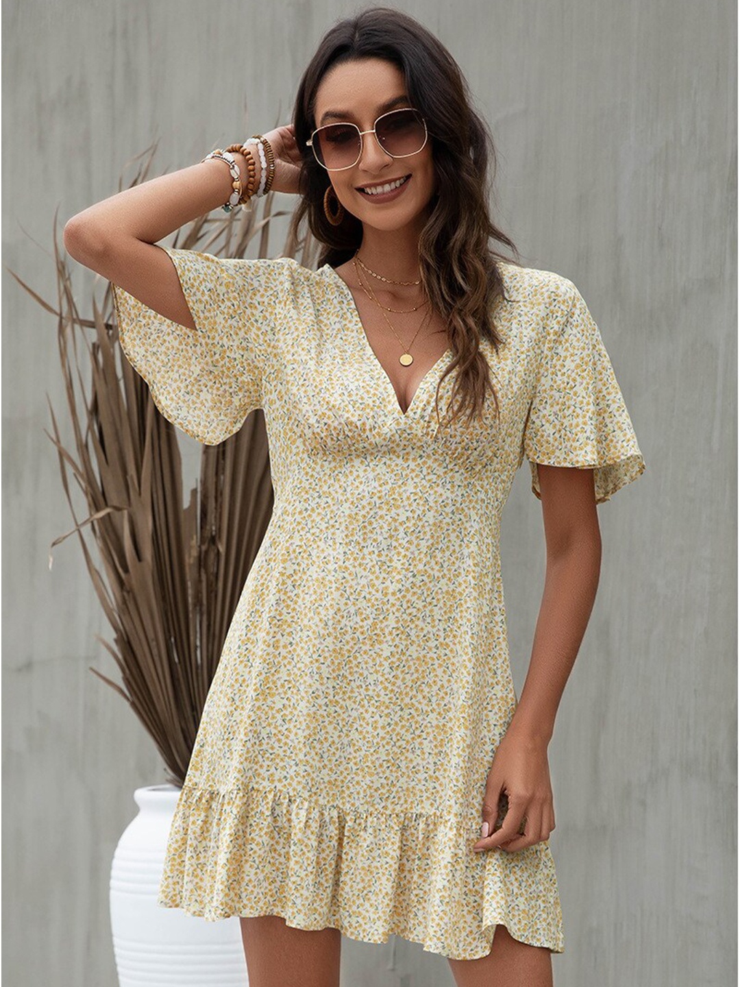 

BoStreet Yellow Floral Printed Fit & Flared Dress