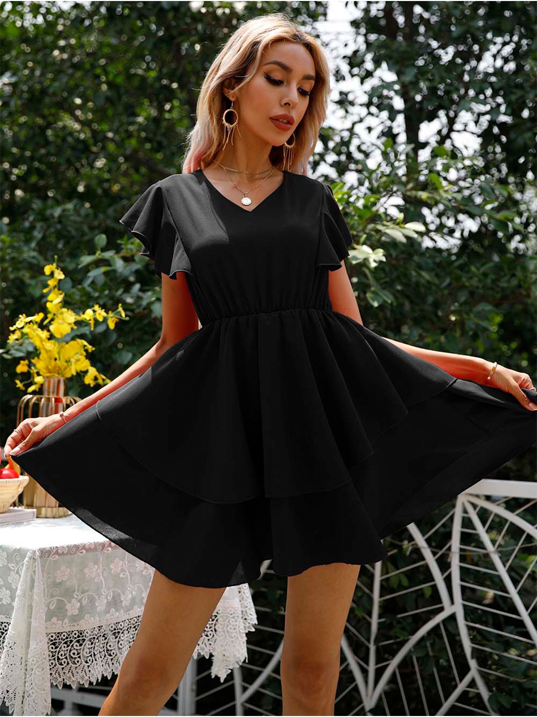 

BoStreet Women Black Layered Fit and Flare Dress