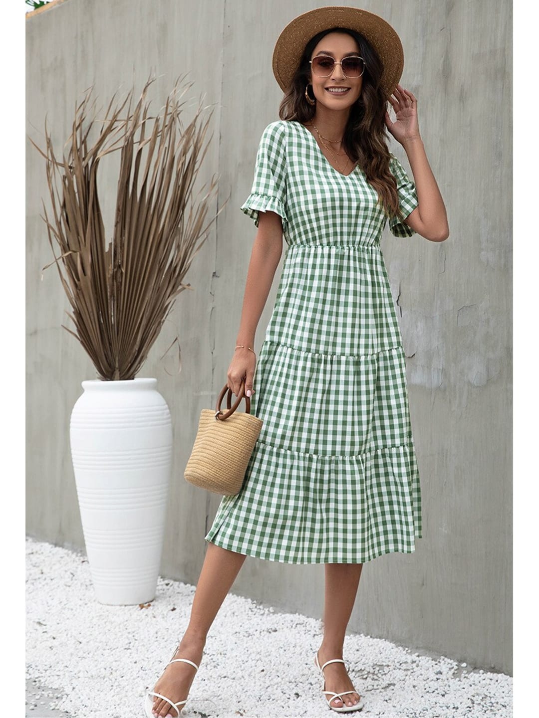 

BoStreet Women Green & White Checked Layered Dress