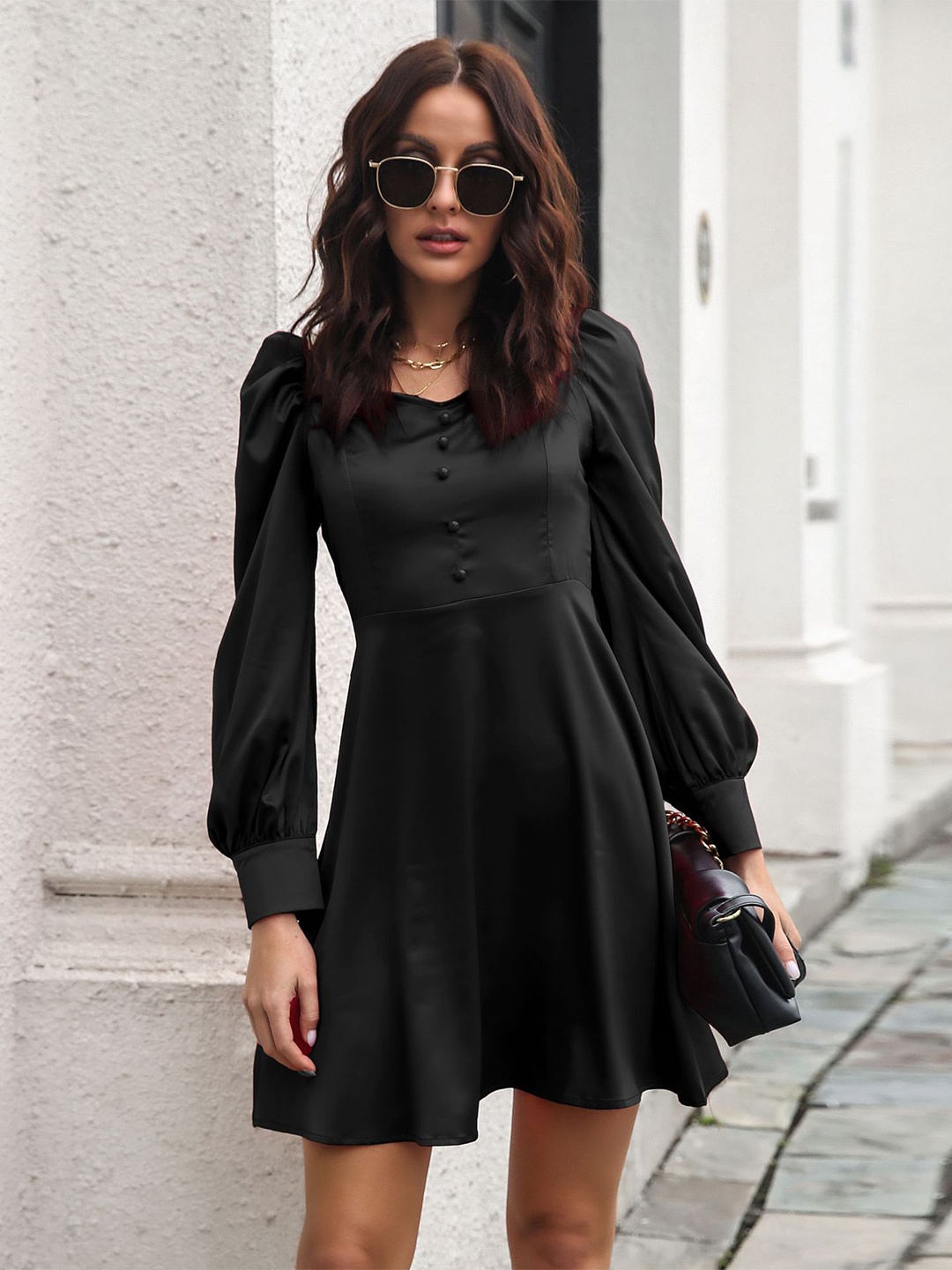 

StyleCast Women Black Solid Long Puff Sleeves Dress