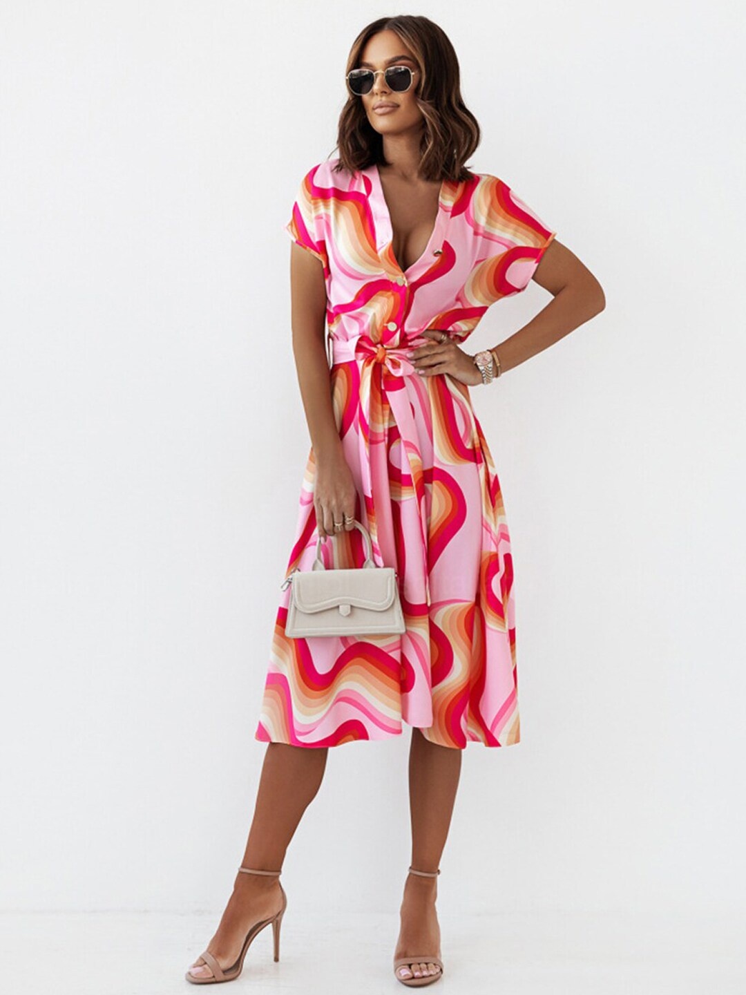 

BoStreet Women Pink & Red Printed A-Line Midi Dress
