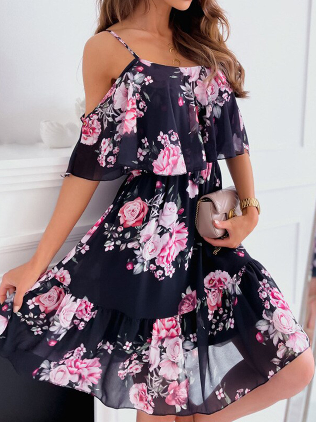 

BoStreet Women Navy Blue Floral Midi Dress