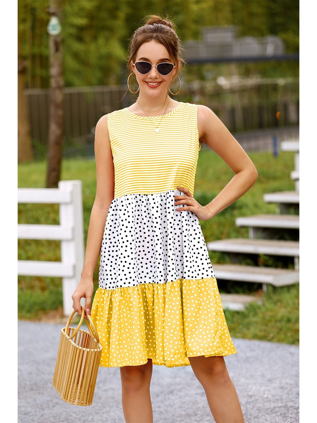 

BoStreet Yellow and White A-line printed Dress