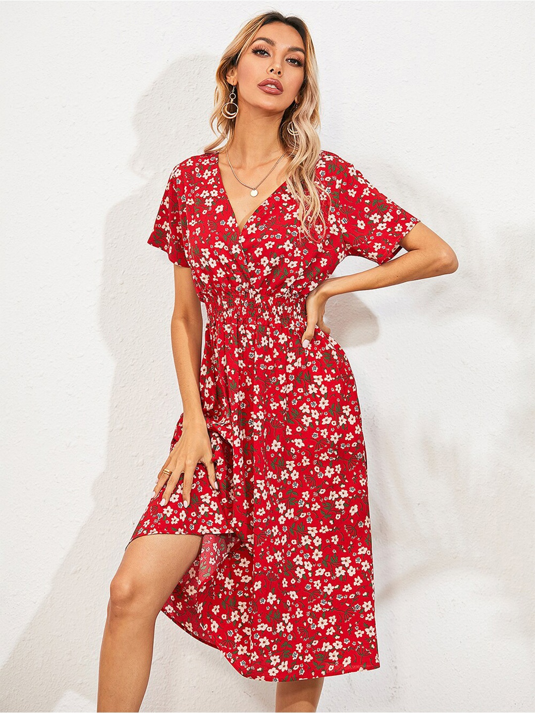 

BoStreet Red & White Floral Midi Fit and Flare Dress