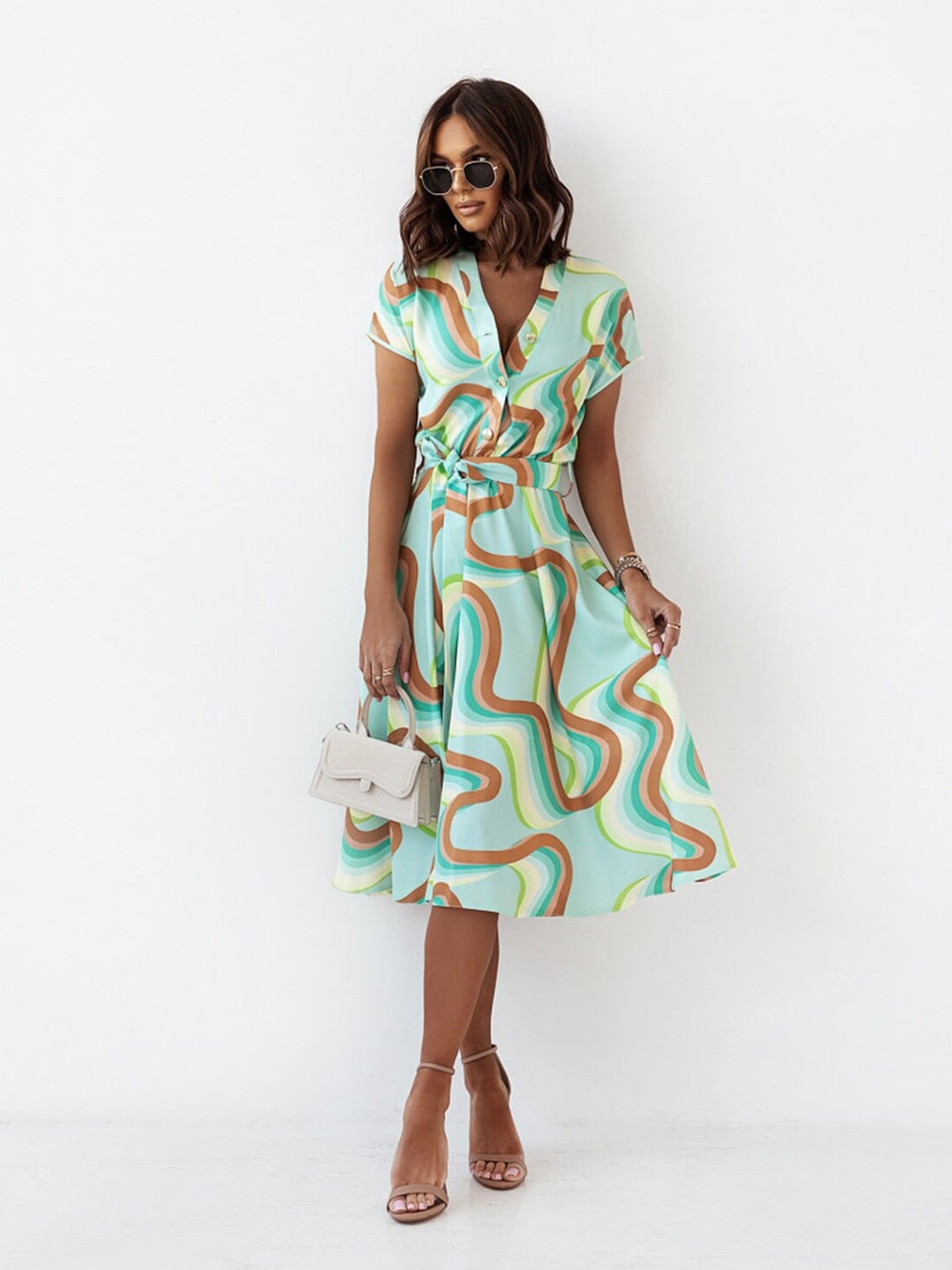 

BoStreet Green & Brown Printed Midi Dress