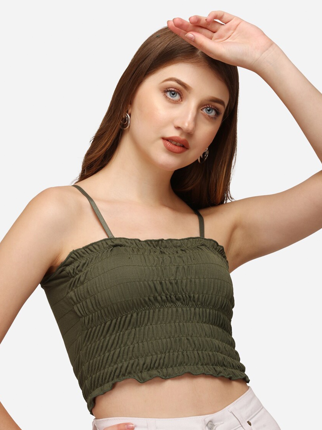 

HSR Green Solid Gathered Shoulder Straps Fitted Crop Top