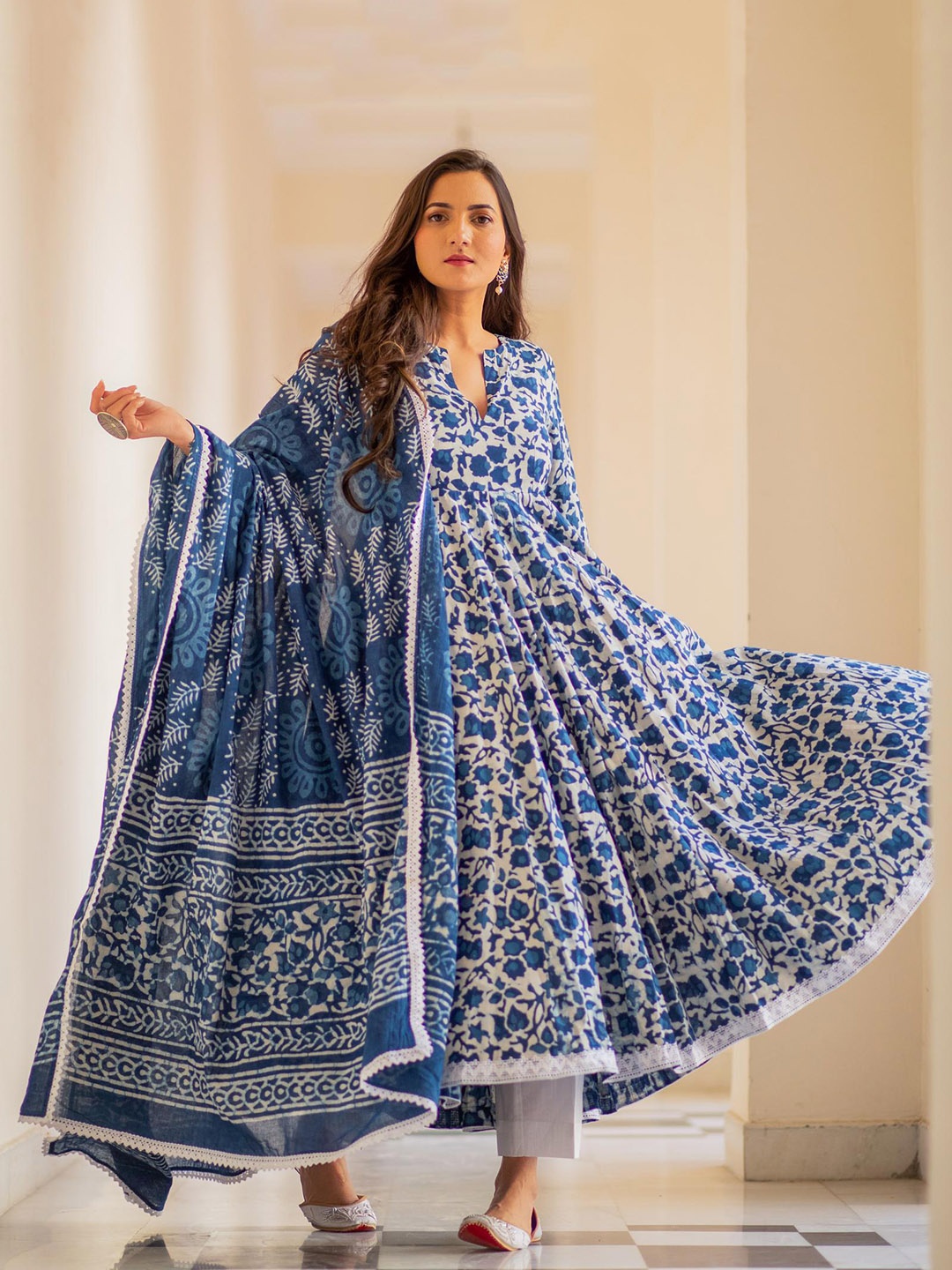 

Baisacrafts Women Blue Ethnic Motifs Embroidered Empire Pure Cotton Kurta with Trousers & With Dupatta