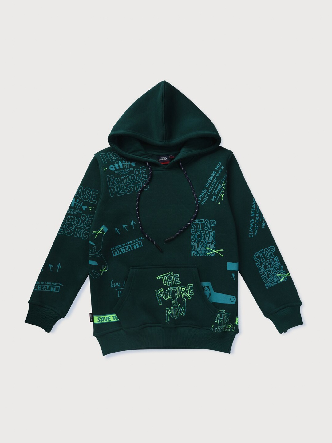 

Gini and Jony Boys Green Typography Printed Hooded Sweatshirt