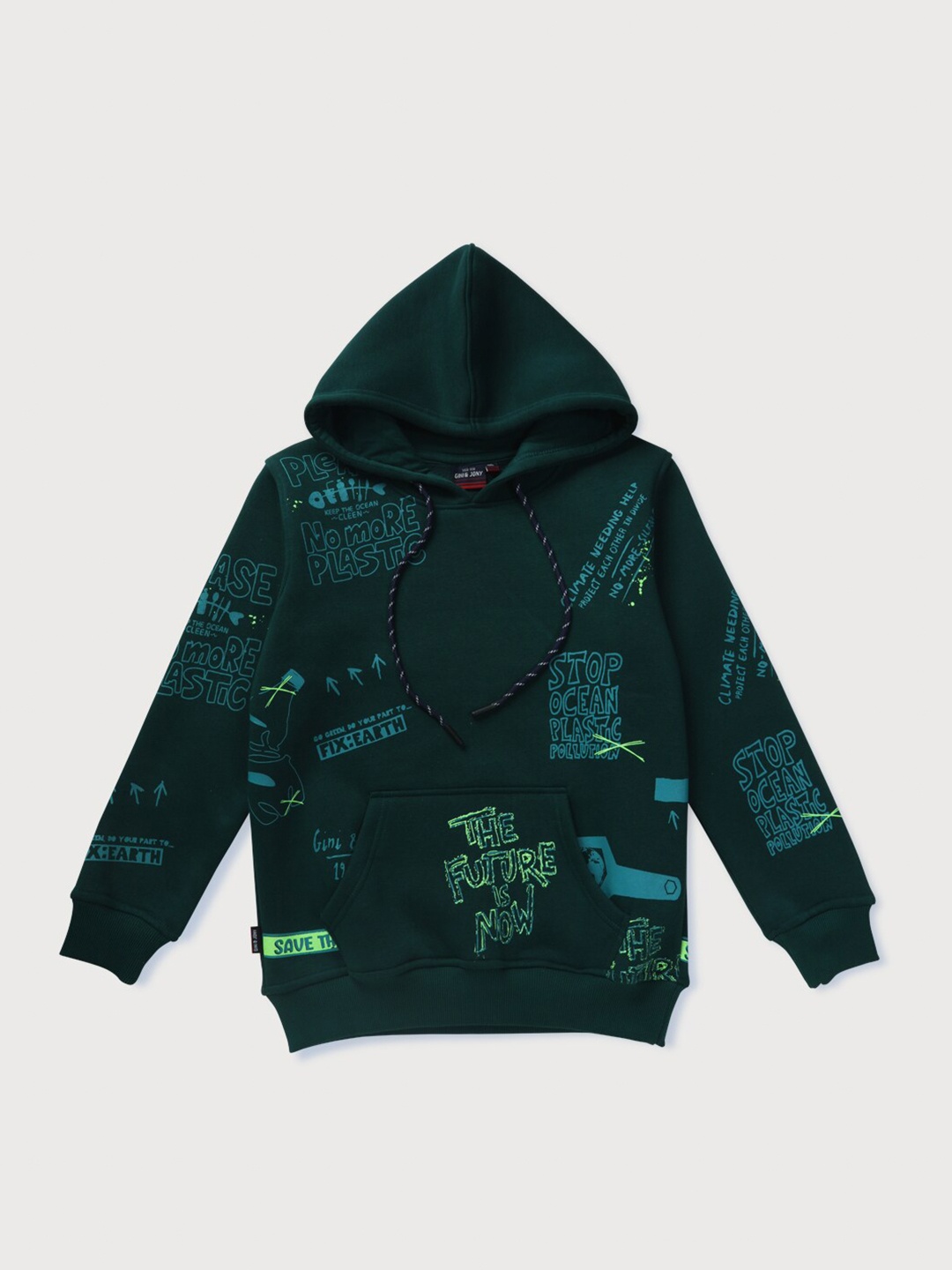 

Gini and Jony Boys Green Printed Hooded Sweatshirt