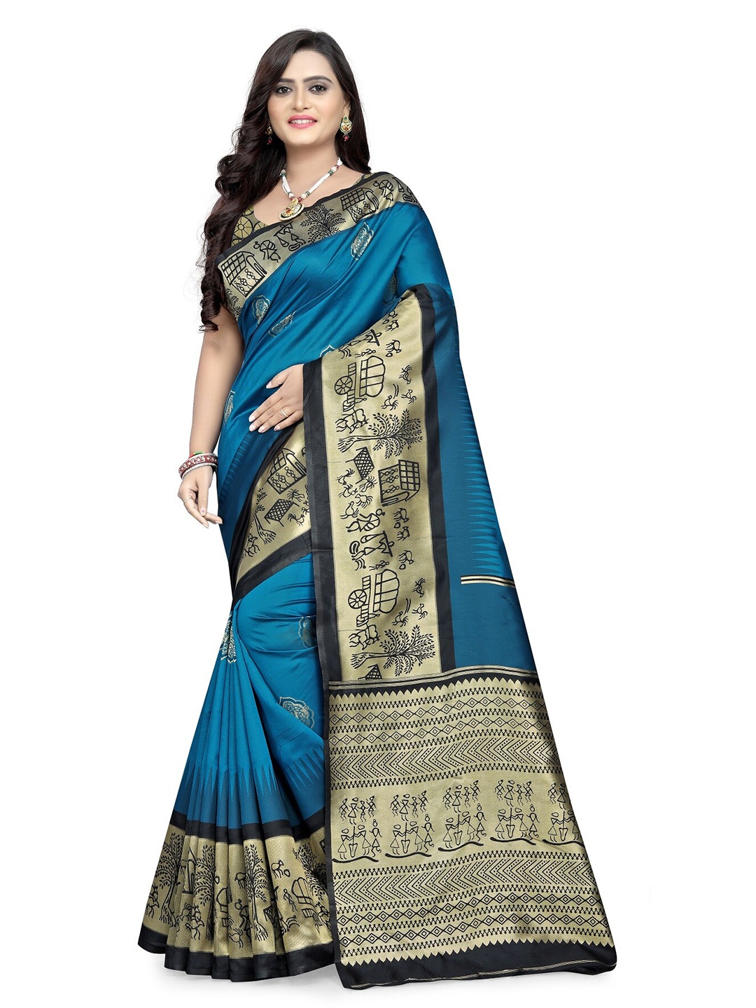 

KALINI Blue & Black Warli Silk Cotton Baluchari Saree