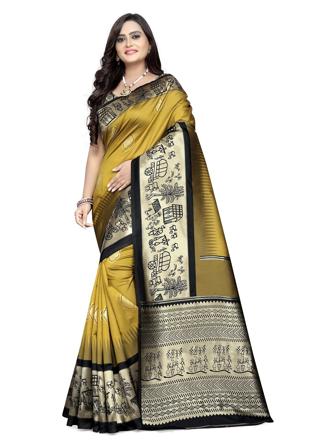 

KALINI Yellow & Black Warli Silk Cotton Baluchari Saree
