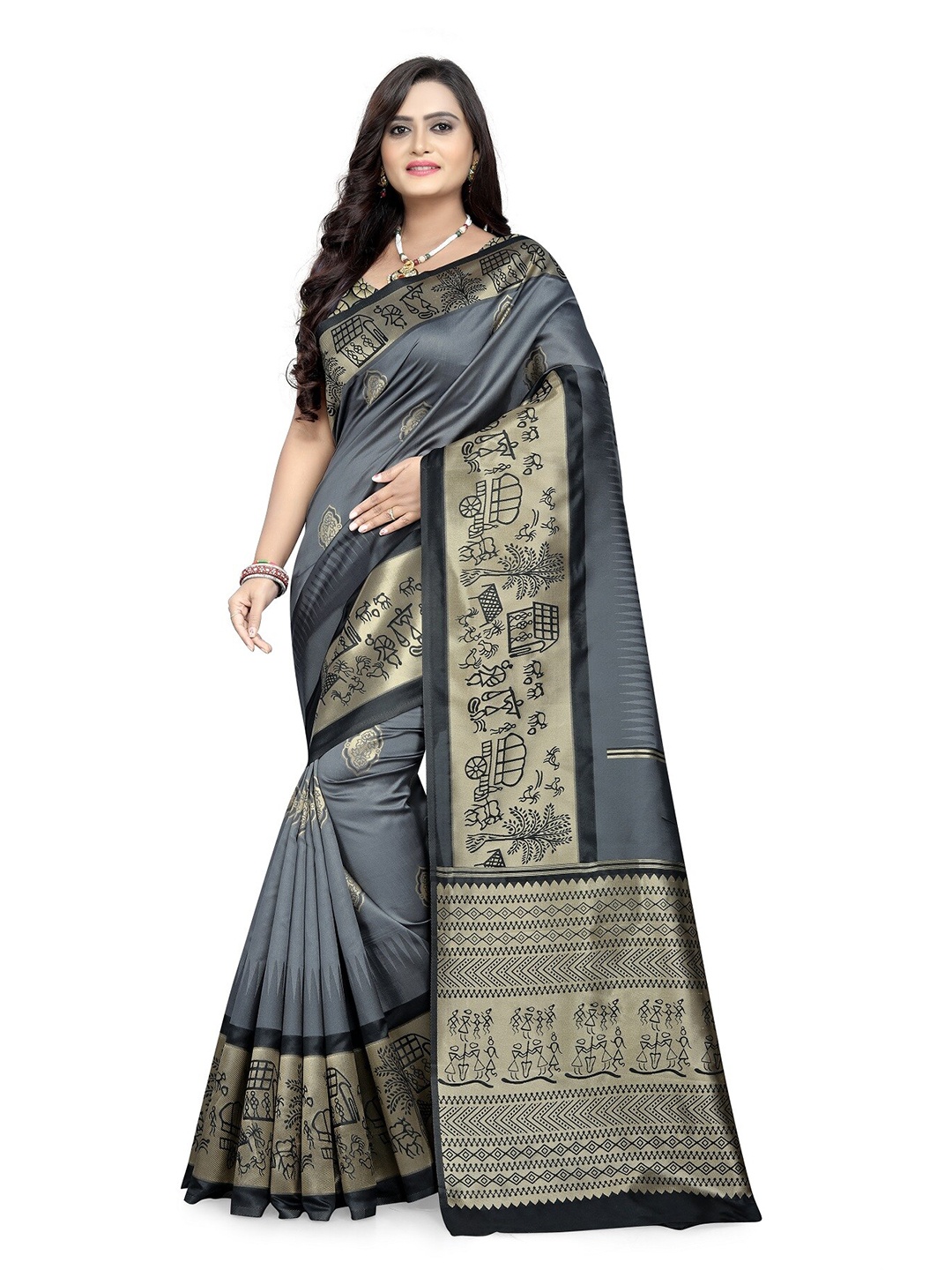 

KALINI Grey & Black Warli Silk Cotton Baluchari Saree