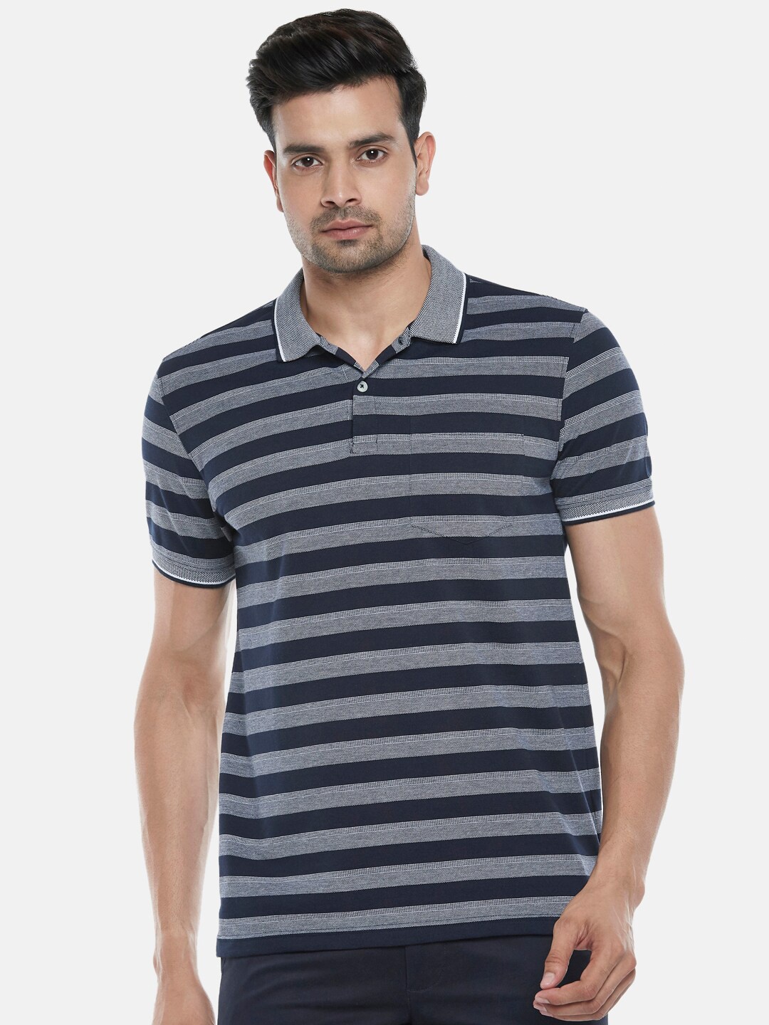 

BYFORD by Pantaloons Men Navy Blue Striped Polo Collar Slim Fit T-shirt