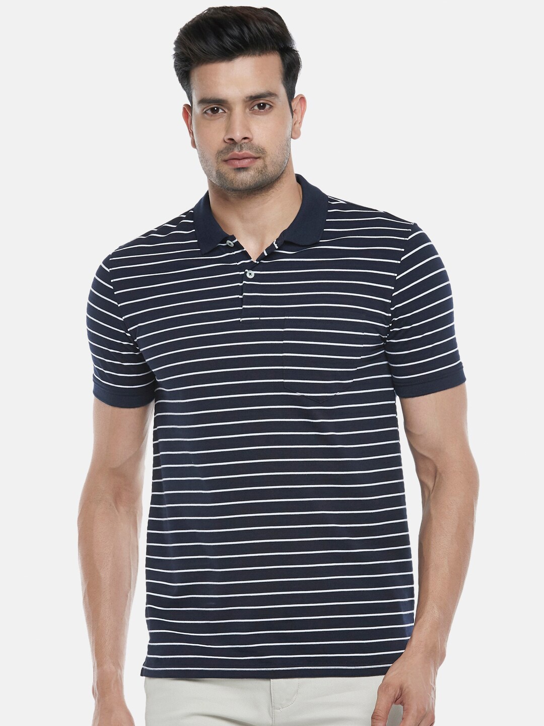 

BYFORD by Pantaloons Men Navy Blue Striped Polo Collar Slim Fit T-shirt
