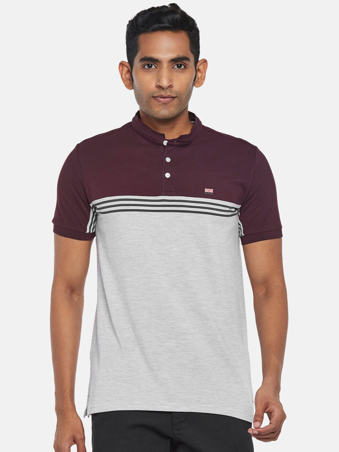 

BYFORD by Pantaloons Men Maroon Colourblocked Polo Collar Slim Fit T-shirt