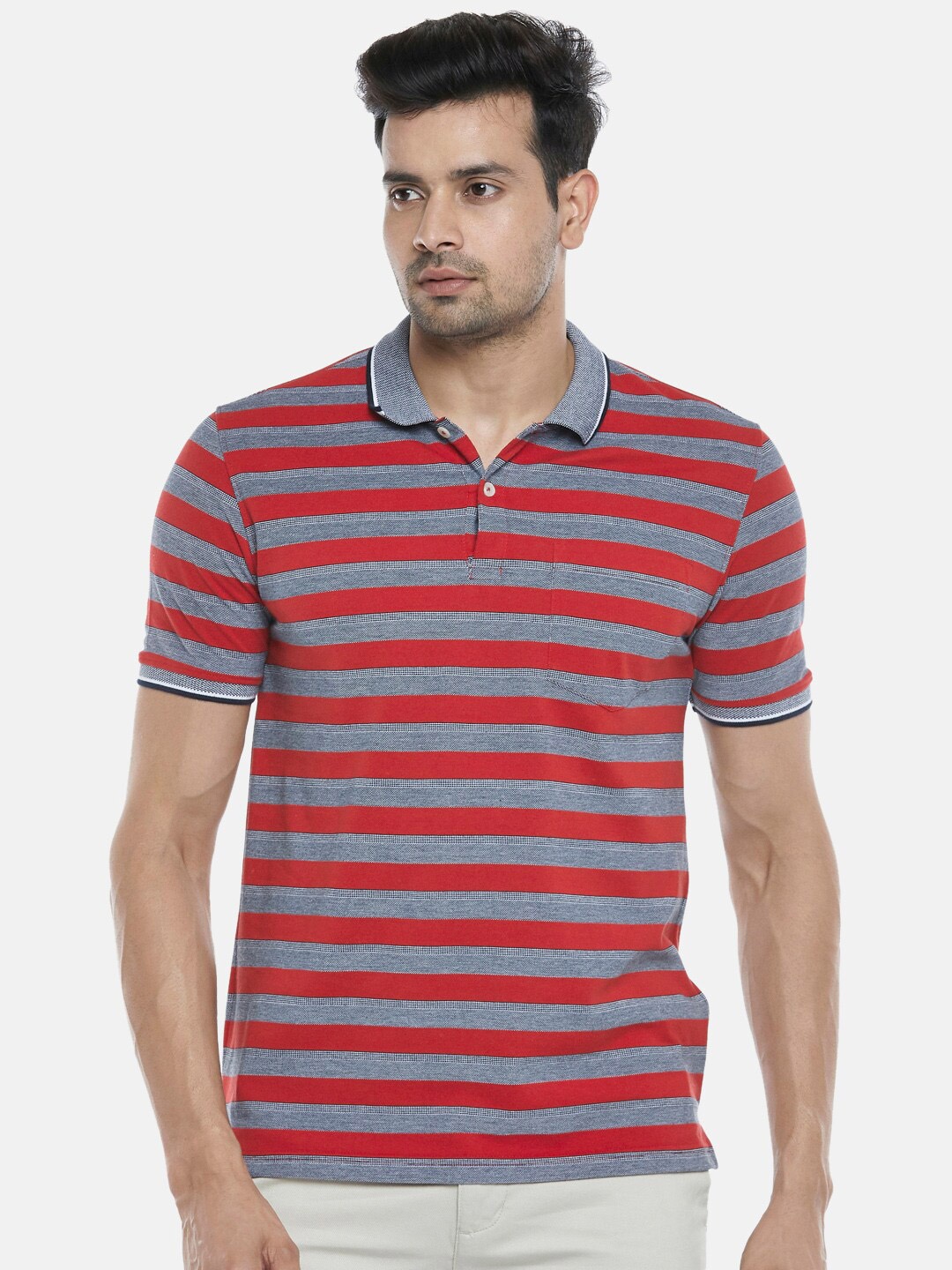 

BYFORD by Pantaloons Men Red Striped Polo Collar Slim Fit T-shirt