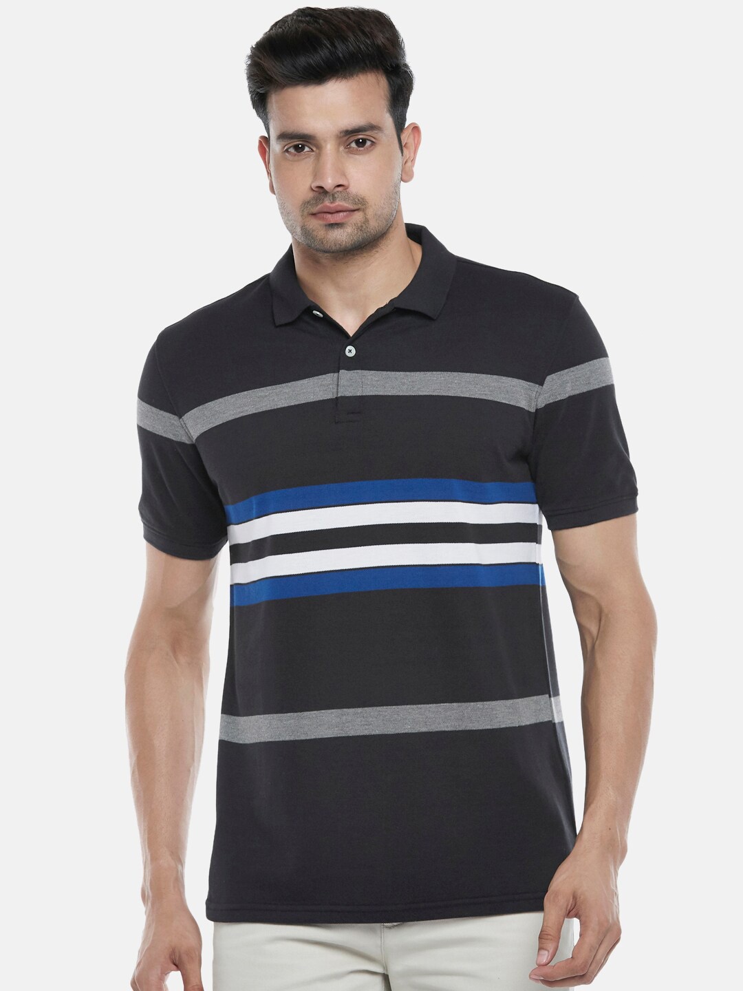 

BYFORD by Pantaloons Men Black Striped Polo Collar Slim Fit T-shirt