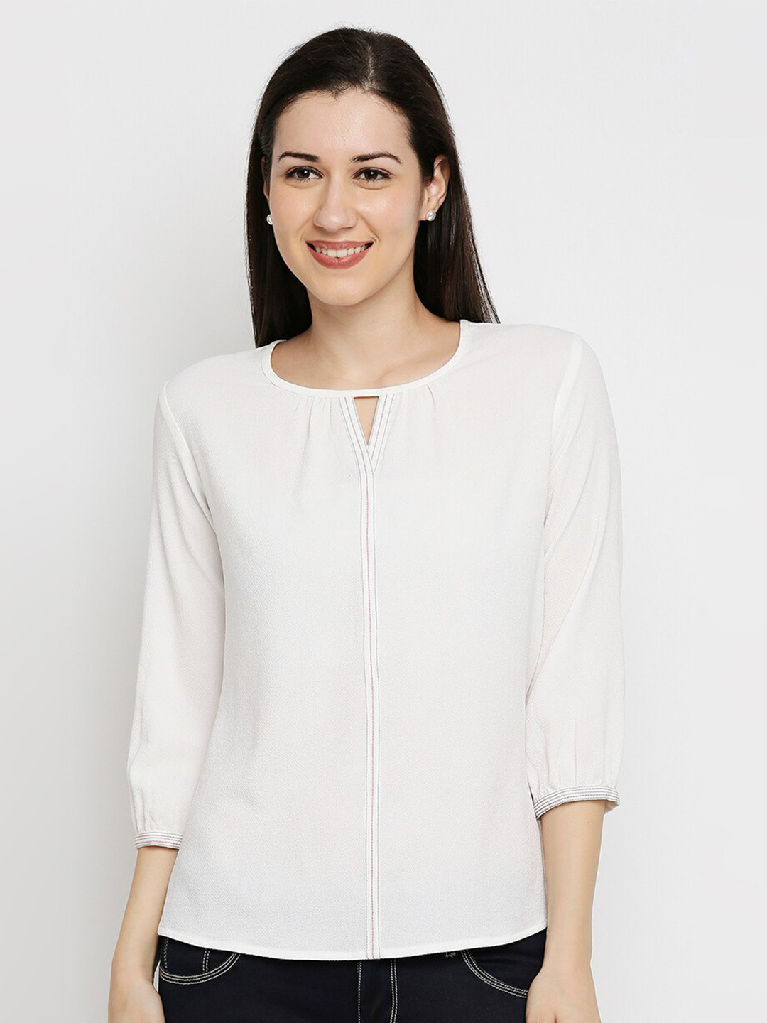 

ZINNIA Women White Keyhole Neck Top