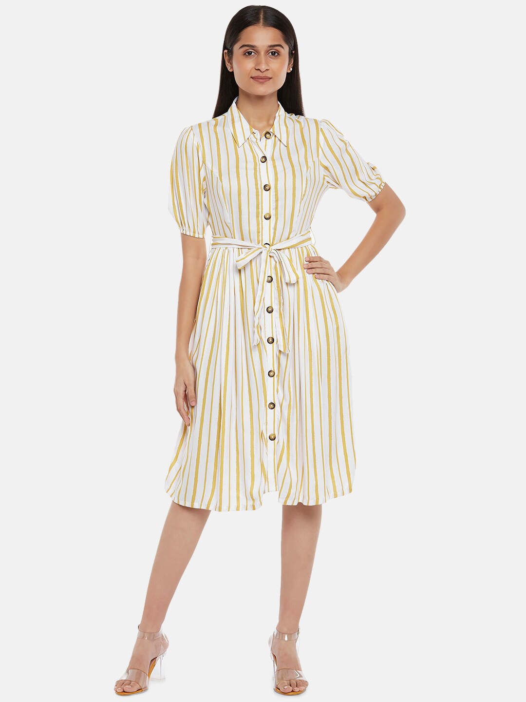 

Honey by Pantaloons Women Mustard Yellow Striped Shirt Dress