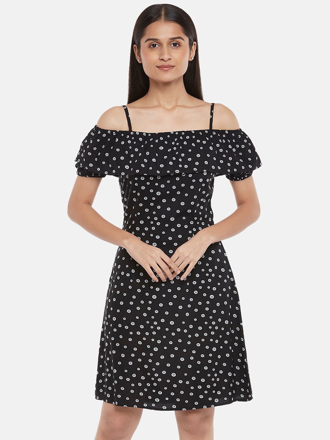 

People Women Black Printed Shoulder Straps A-Line Dress
