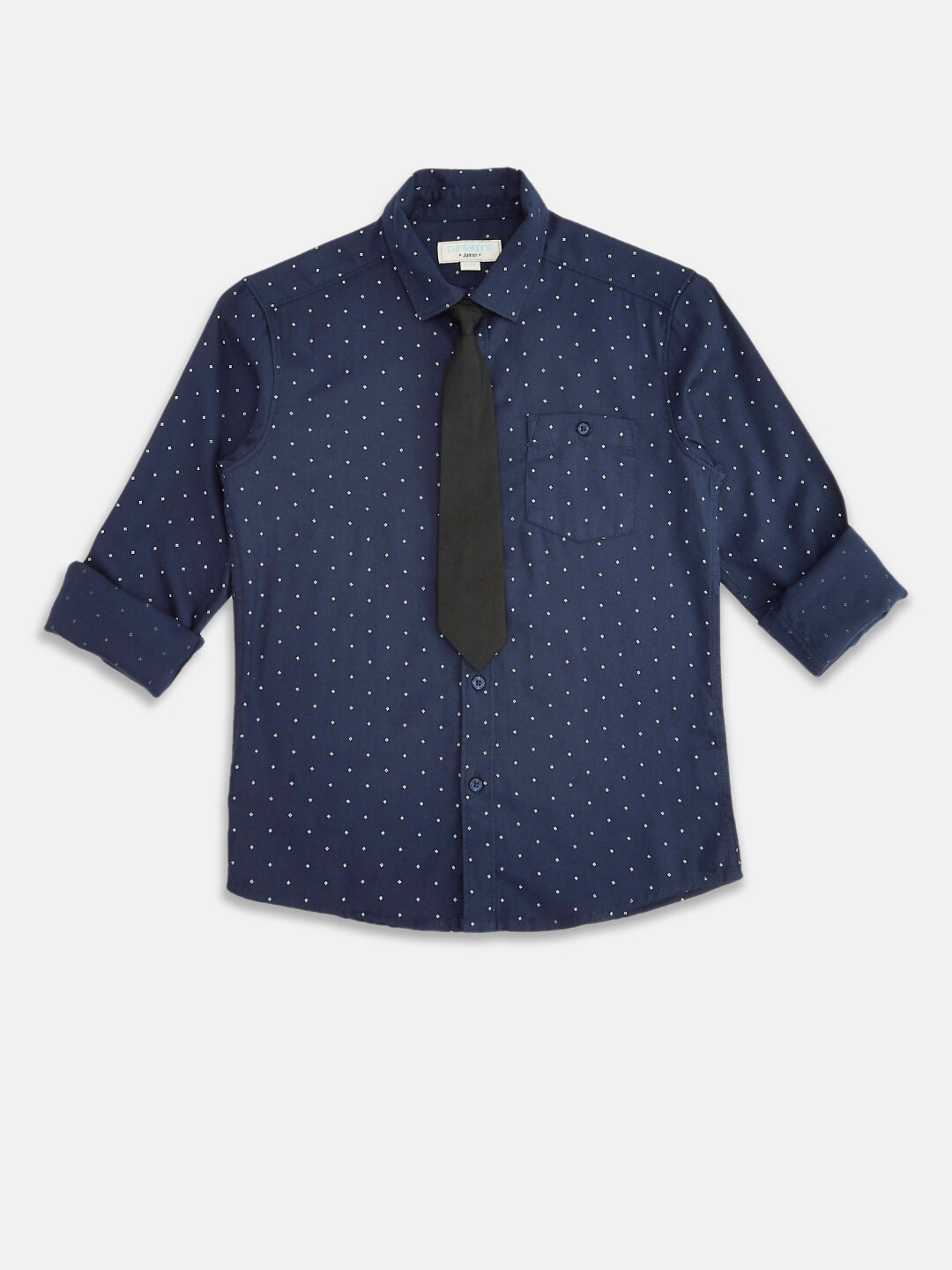 

Pantaloons Junior Boys Navy Blue Printed Cotton Party Shirt With Tie