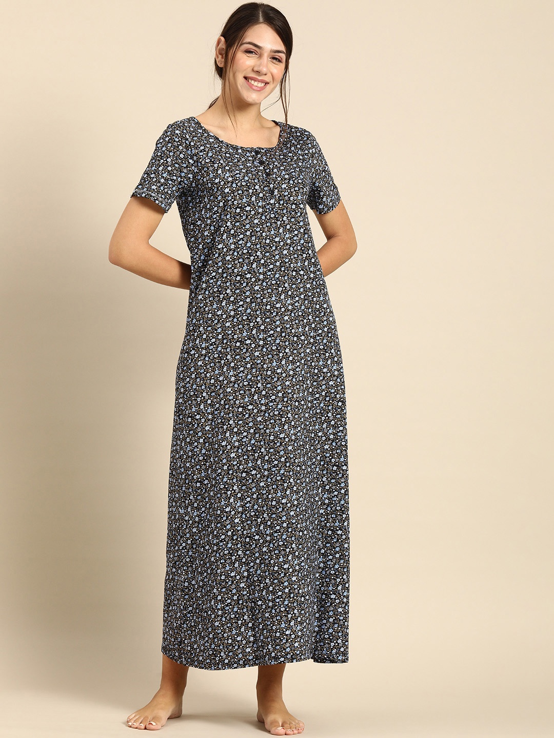 

Dreamz by Pantaloons Women Black & Blue Printed Pure Cotton Maxi Nightdress