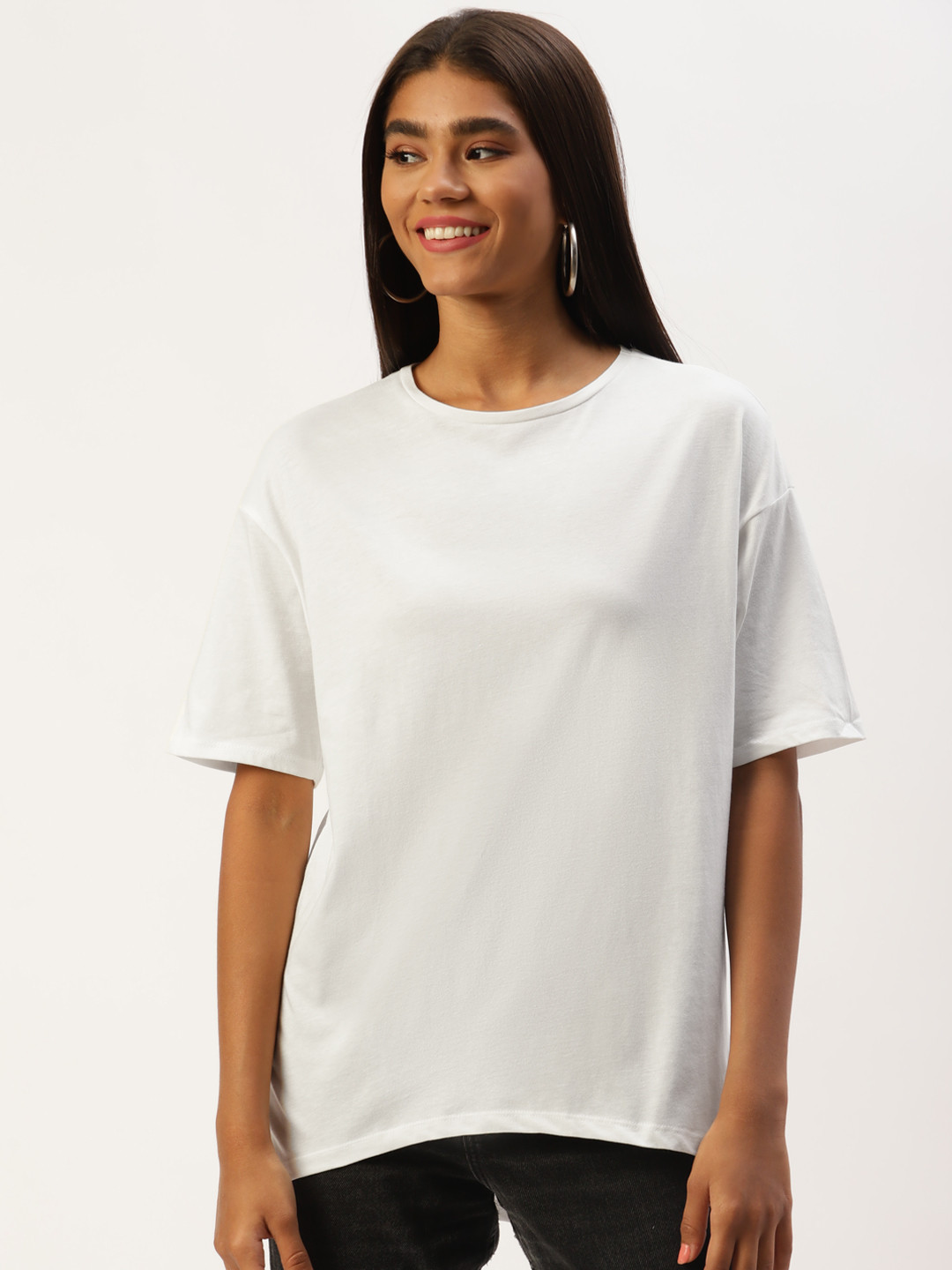 

LC Waikiki Women White Solid Drop-Shoulder Sleeves Pure Cotton T-shirt