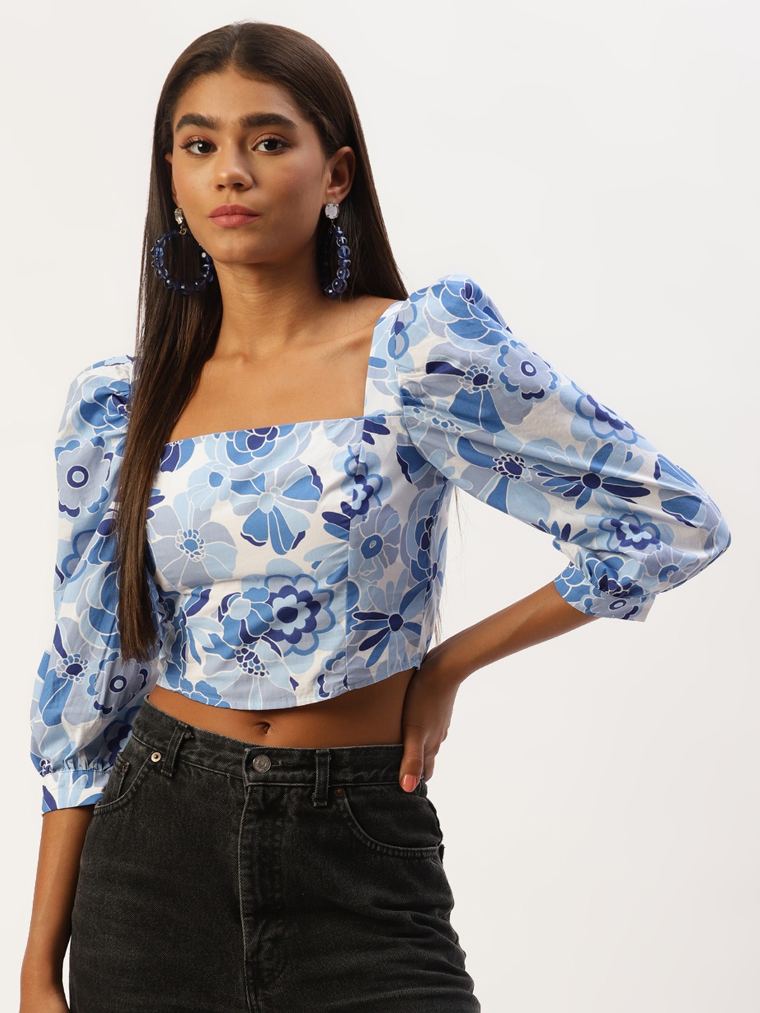 

LC Waikiki Blue Pure Cotton Floral Print Crop Top