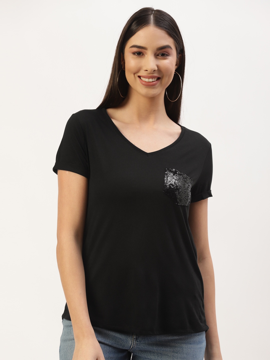 

LC Waikiki Black Solid Embellished Pocket Detail Knitted Top